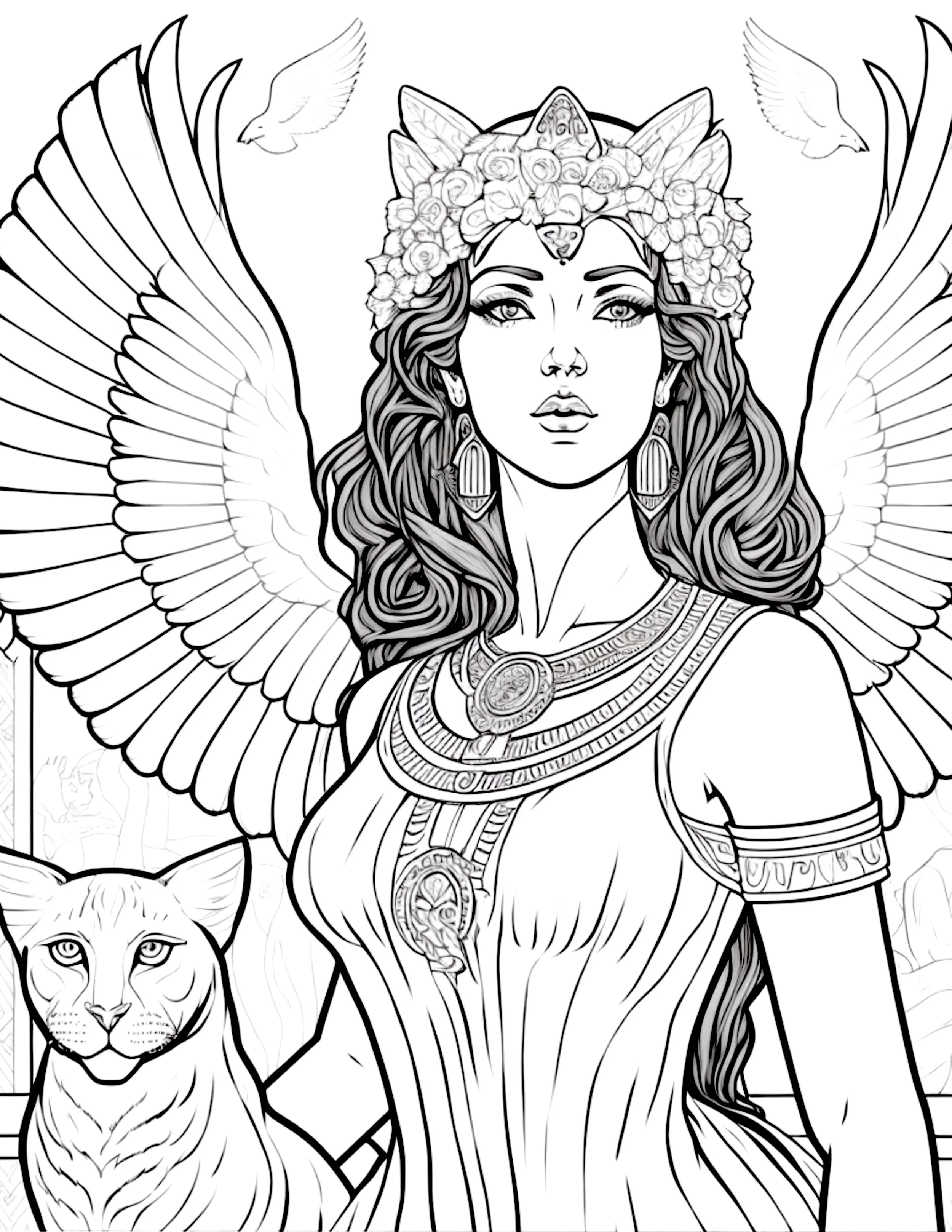 Free downloadable Adult Coloring book page of Egyptian Queen and her goddess cat bast.
