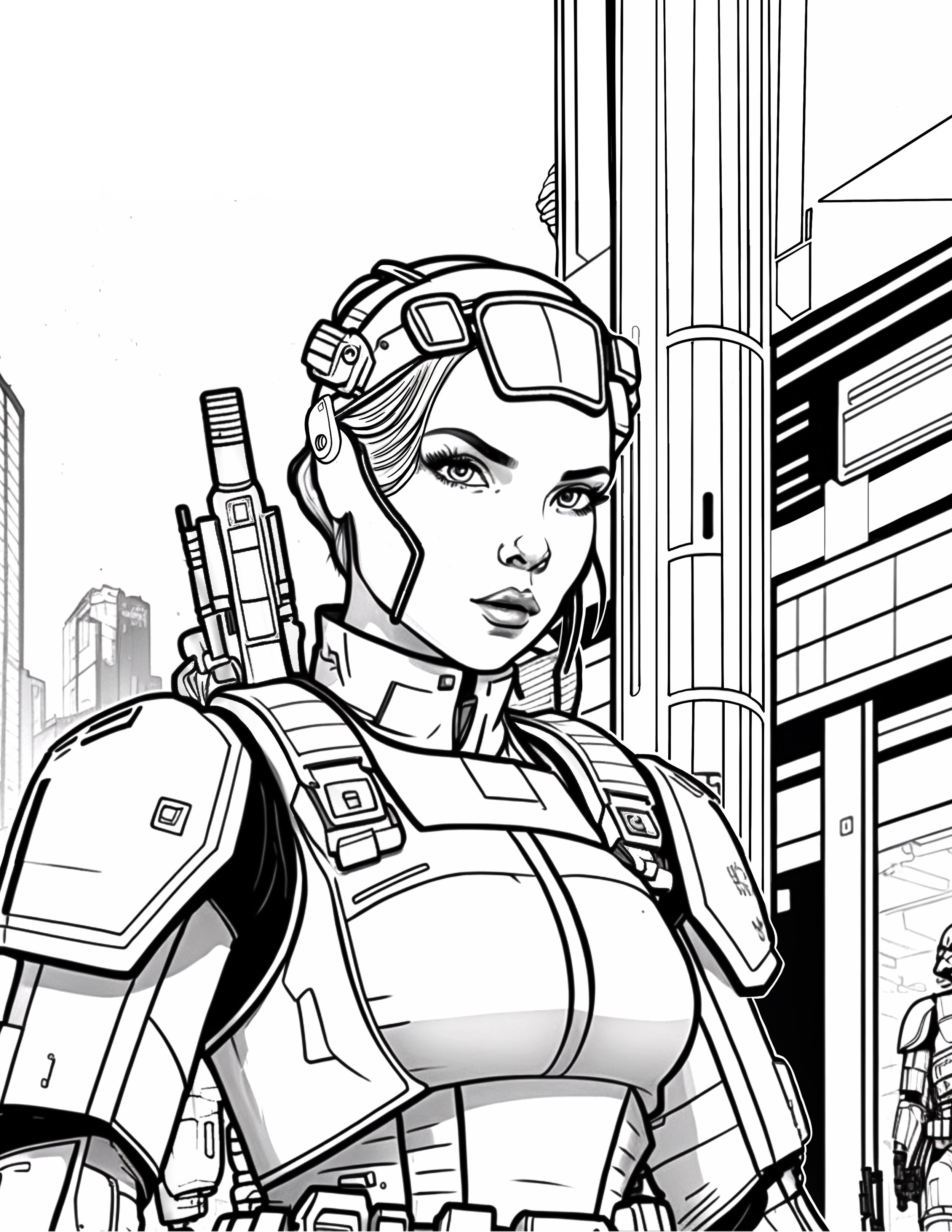 Free Coloring book page of futuristic female cyberpunk warrior illustration line art