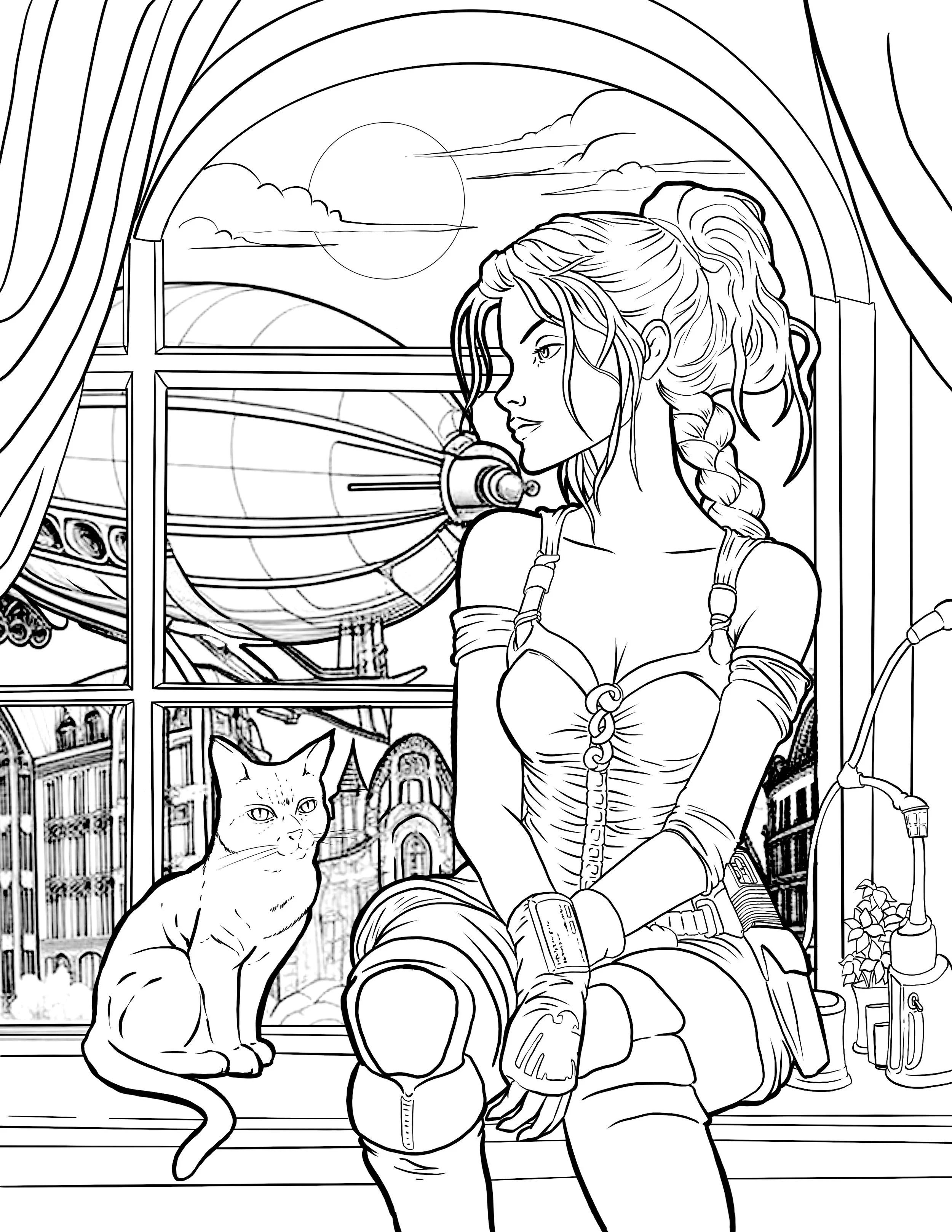 Free downloadable illustration for Adult Coloring Books Steam Punk Sitting by the Window with her cat
