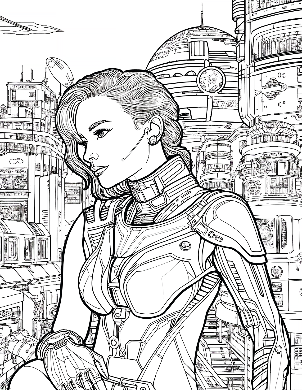Free coloring book page for adults cyberpunk woman in futuristic city line art artwork inked