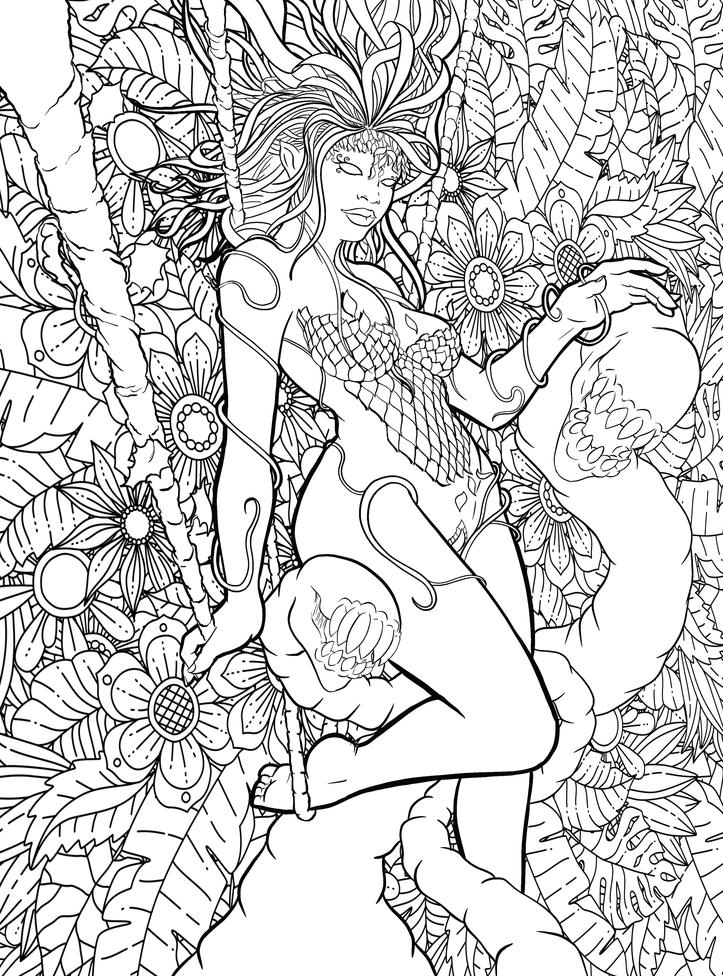 Free coloring book page for adults DC Poison Ivy comic character in a wall of flowers line art artwork inked