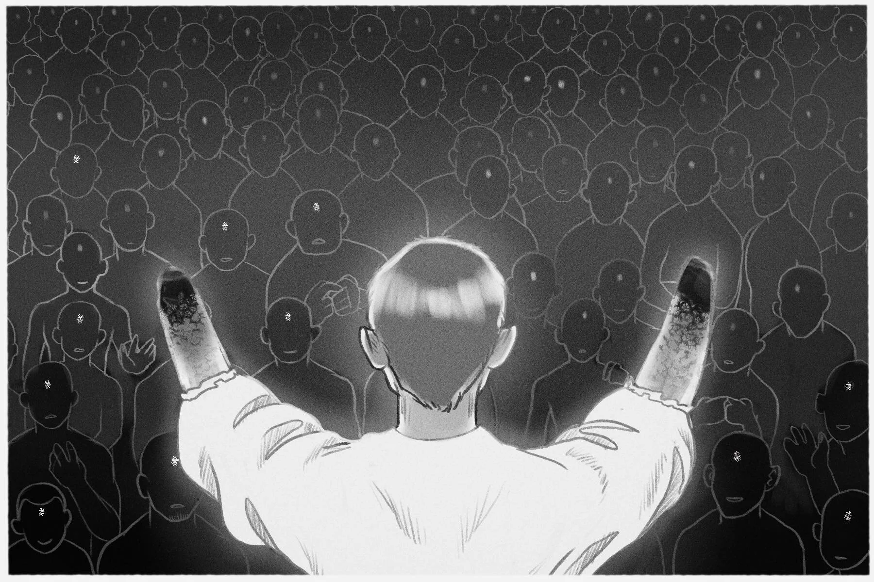 For the Visually Impaired: Pfilomena Lovelace stands in the market with her arms outstretched. She is speaking to a congregation of Tiny God cultists. They each have a mark on their foreheads, a thumbprint in grease. They adore her. Philomena has no…