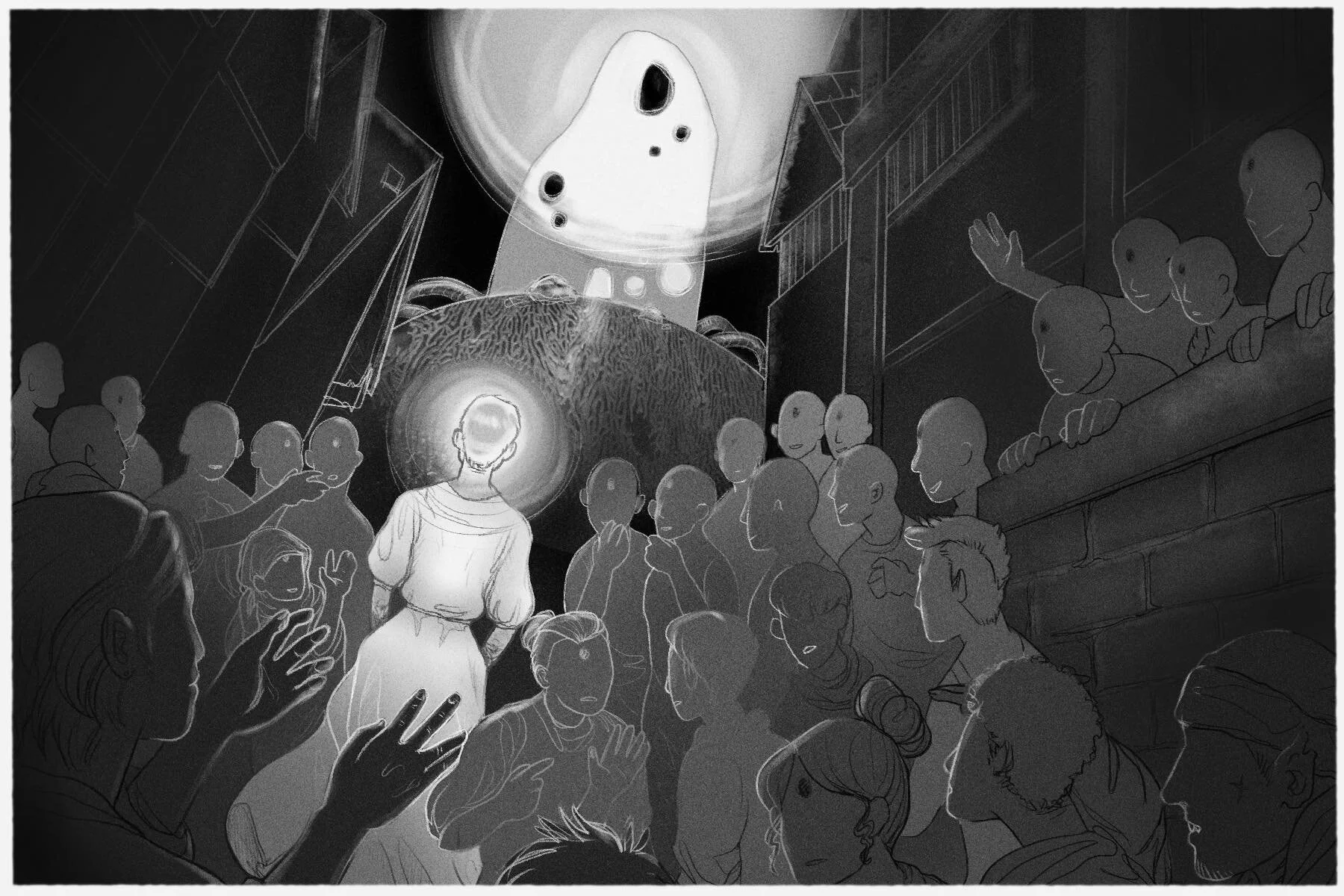 Pfilomena is walking towards the FH, down a promenade directly towards the edifice of white stone which is depicted on a hill in the distance. She is amassing a following as she goes. Everyone knows what she is about to do. Earlier today, Pfhilomena…