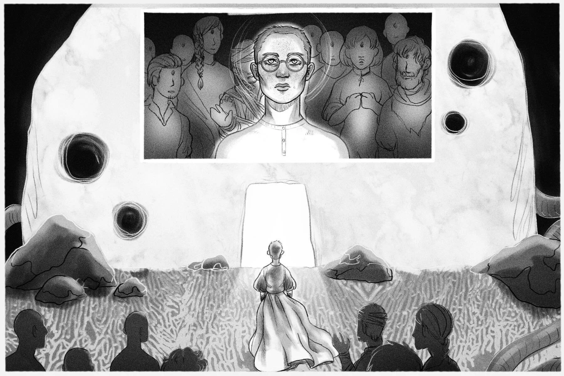 Pfilomena arrives at the green lawn in front of the destroyed Amberdraught Estate. The Fountainhead looms above her. She looks up while the crowd gathers behind her. Her expression is blank and her arms are at her sides. She silently stares into the…