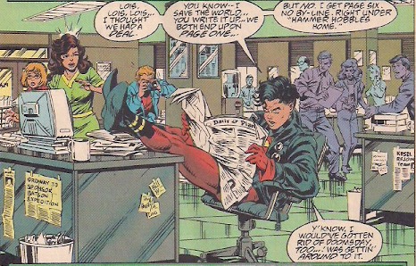 There's some Super-team headline Easter eggs on the desks.