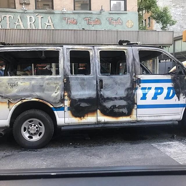 Some of the aftermath of last night&rsquo;s protests. University Place and Broadway are a mess. Broken windows, graffiti and burned out cop cars. #georgefloyd #nycprotest