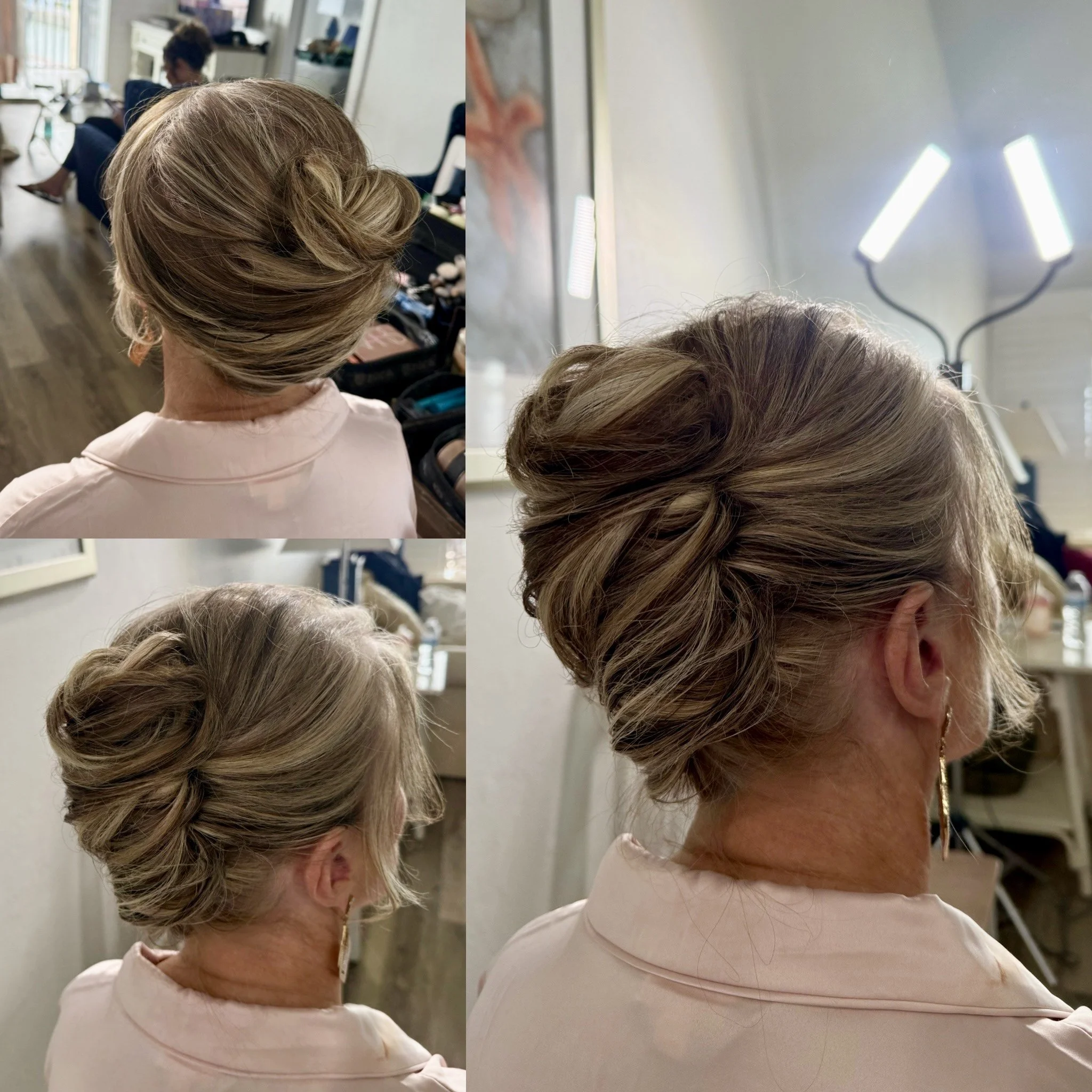  A refined yet tossed French Twist for an elegant mother of the bride. 