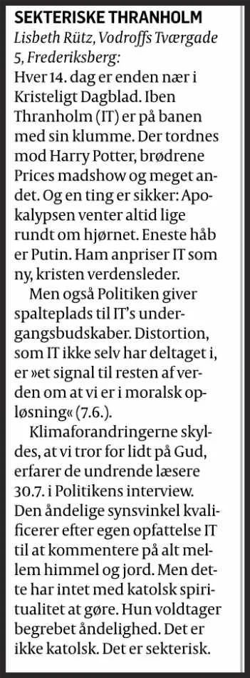 Politiken Læserbrev: Sekteriske Thranholm