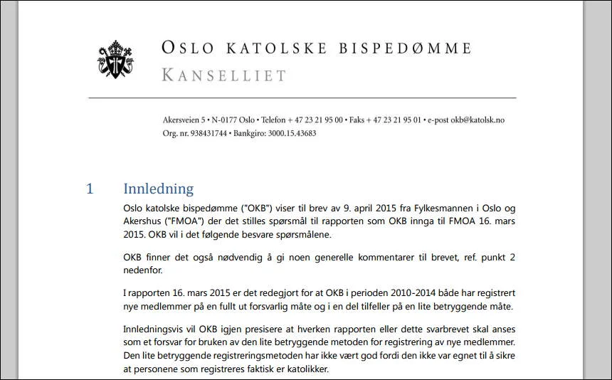 Oslo katolske bispe­dømme svarer Fylkes­mannen i Oslo og Akershus