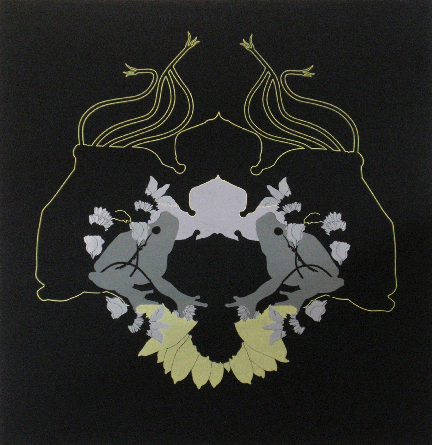  'Frogs' (2008) Silk screen print: pigment on cotton, stretched on wooden frame, 100cm x 100cm. 