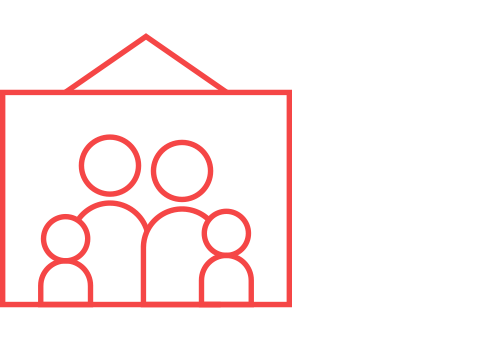 Outline of a house with four people inside, two adults and two children.