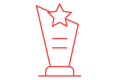 Neon sign shaped like a trophy with a star at the top and two lines of text inside.