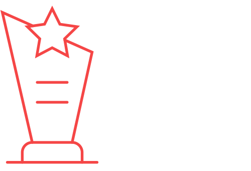 A red outline of a trophy shaped like a star, with a smaller star at the top and two horizontal lines on the front, placed on a base.