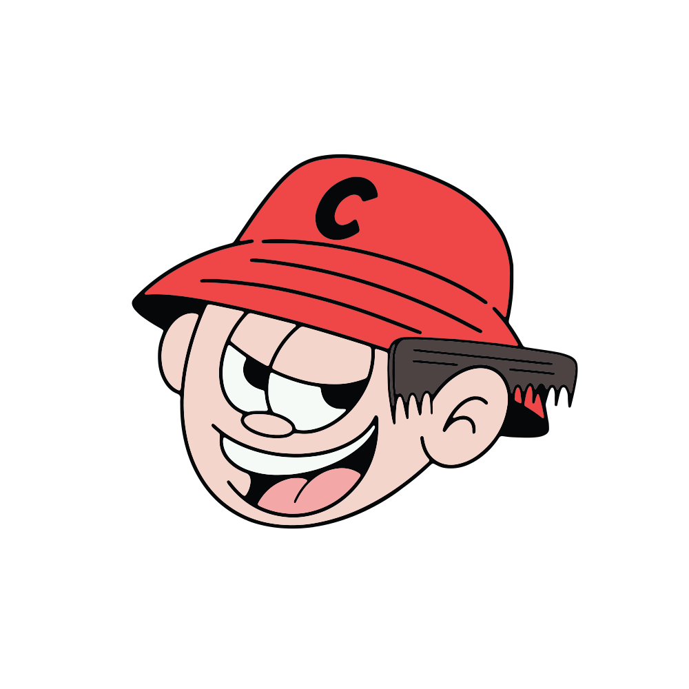 Logo for Clippy T's Barber Shop featuring a cartoon boy with a mischievous smile, wearing a red hat with a black brim and a 'C' on it, with a haircutting razor behind his head, encircled by the text 'Clippy T's Barber Shop' and '20 10' on either side, all on a black background.
