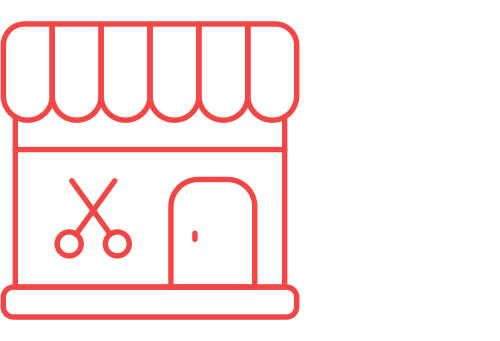 A line drawing of a small storefront with a pair of scissors logo on the window, an awning on top, and a door to the right.