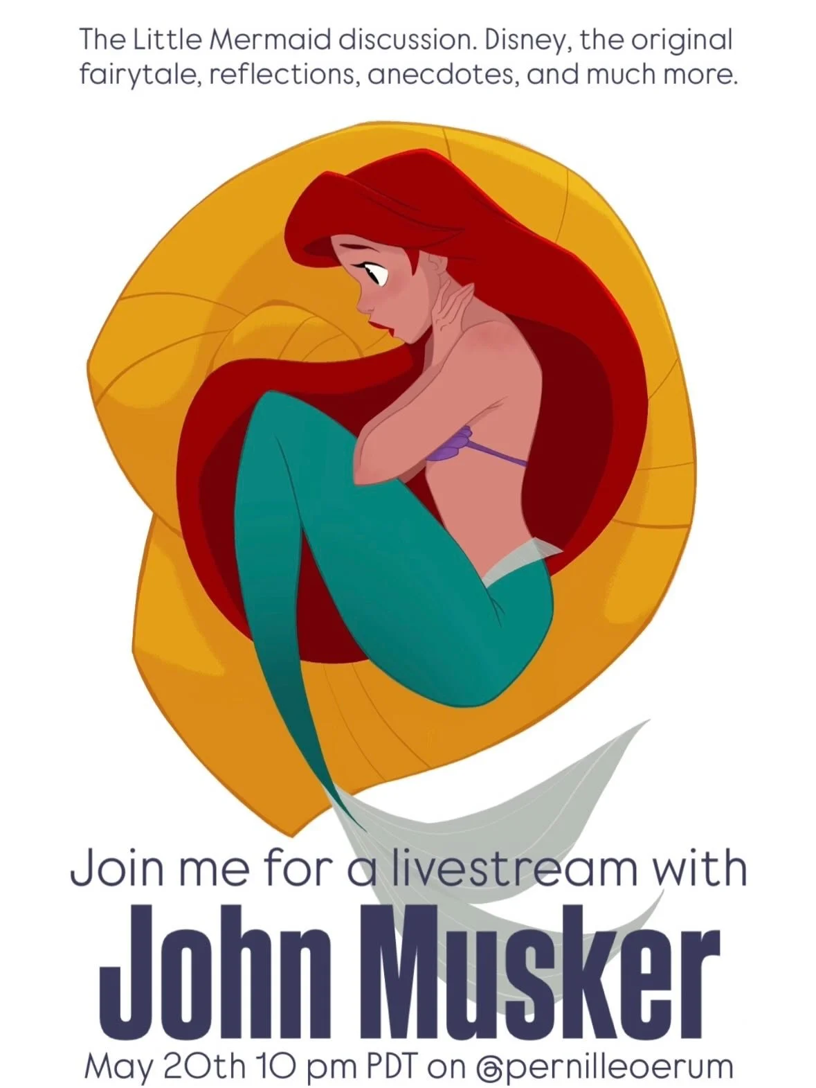 Live stream with John Musker 🐚

On the 20th, join us for a 45-minute live discussion about The Little Mermaid, covering THE film (which John co-directed), my book, and our interpretations of Hans Christian Andersen&rsquo;s original story, along with