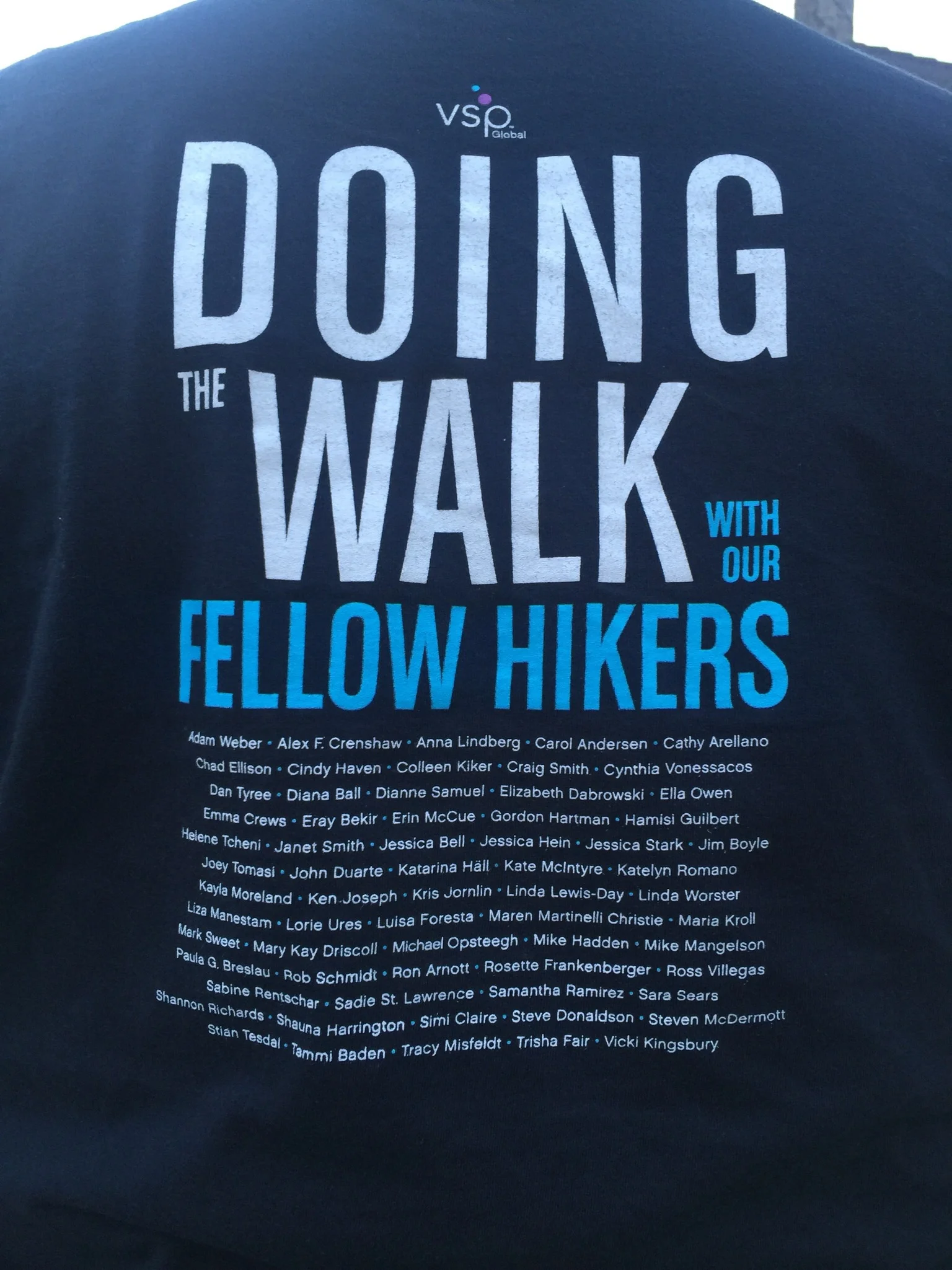 VSP GLOBAL t-shirt for #USHEQX Usher Syndrome World Awareness Day. A couple was chosen from an essay contest to join us. The names on the shirt are all the others that entered and did not get selected. 