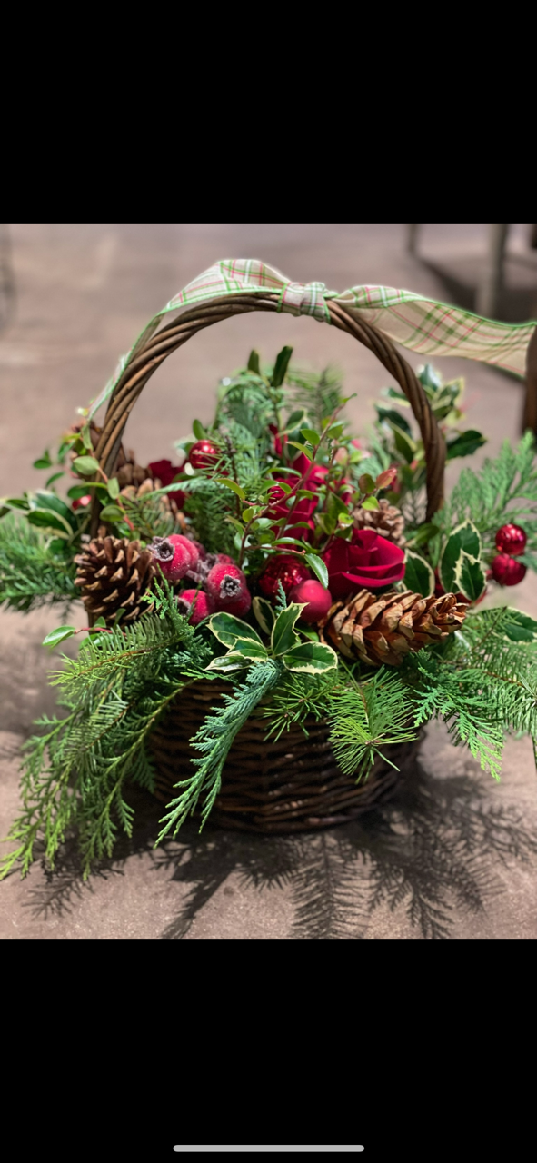 Wintery Greens in a Willow Basket with Handle