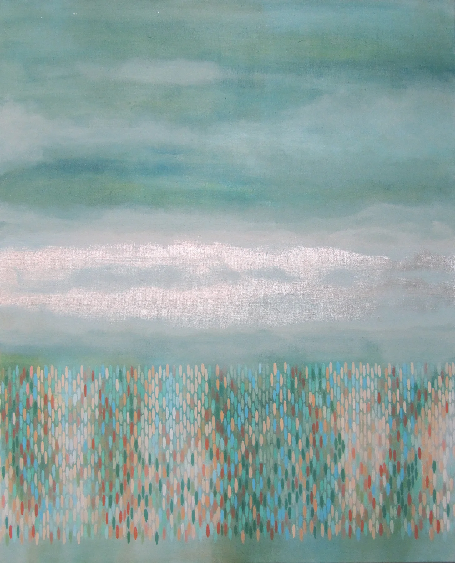 Afloat (Jade), 2010, acrylic + alum-silver on canvas, 39”x32" (≈99x81cm)