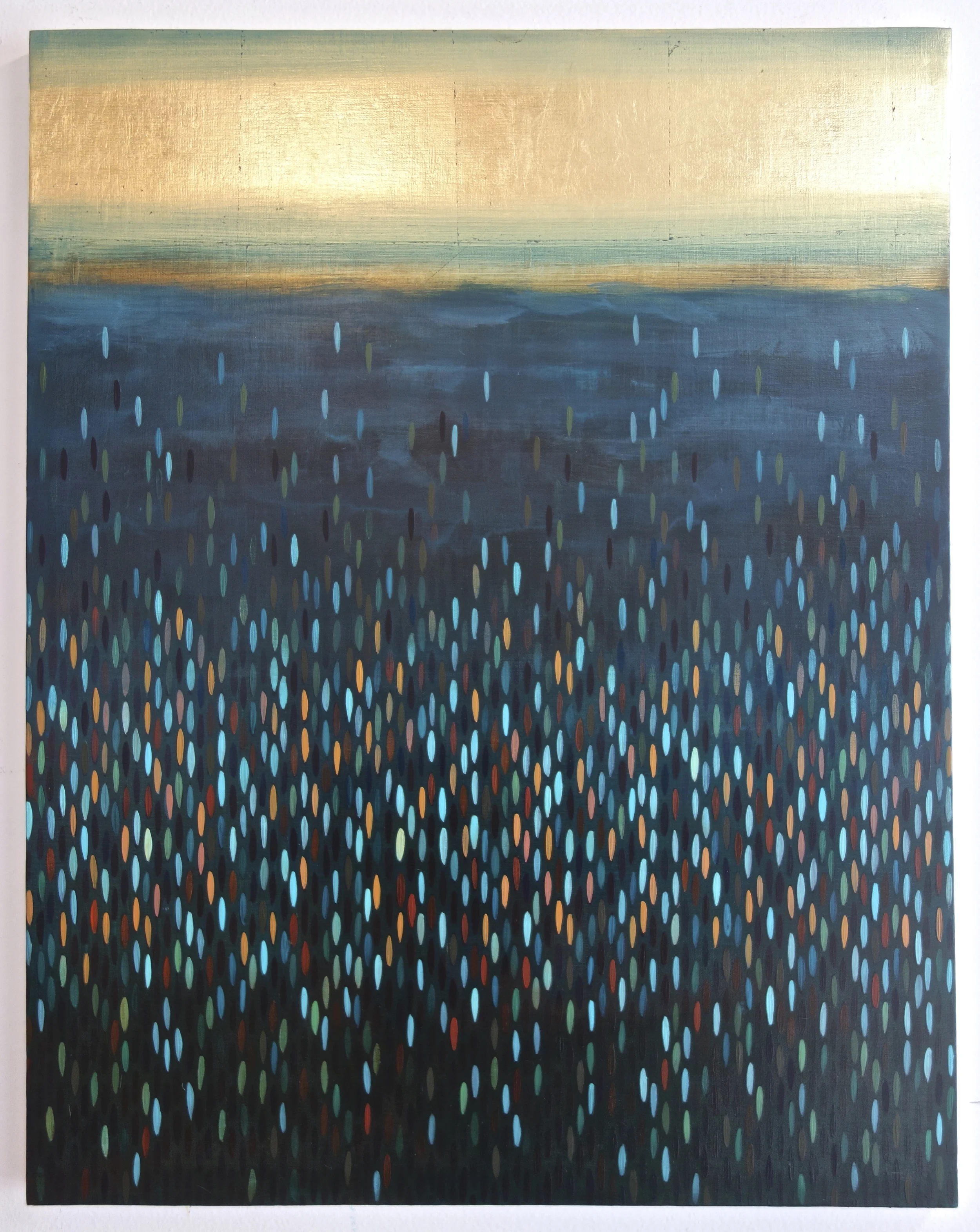 Afloat - deep greens, 2015, acrylic + alum-gold on canvas, 28"x22"
