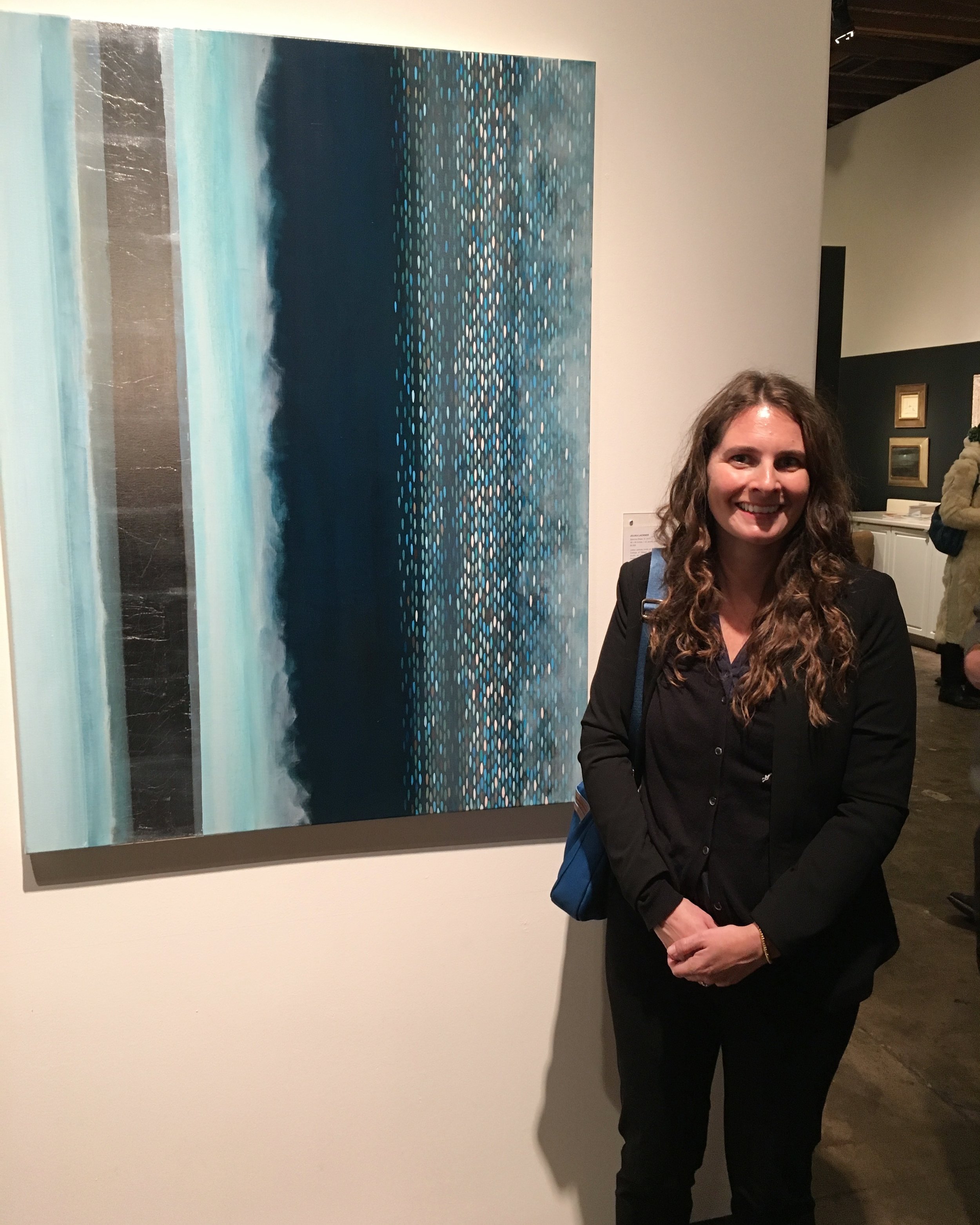 Julika Lackner and her painting "Spectral Phase VI", 2013, Acrylic and Silver Leaf on Canvas, 48"x36"