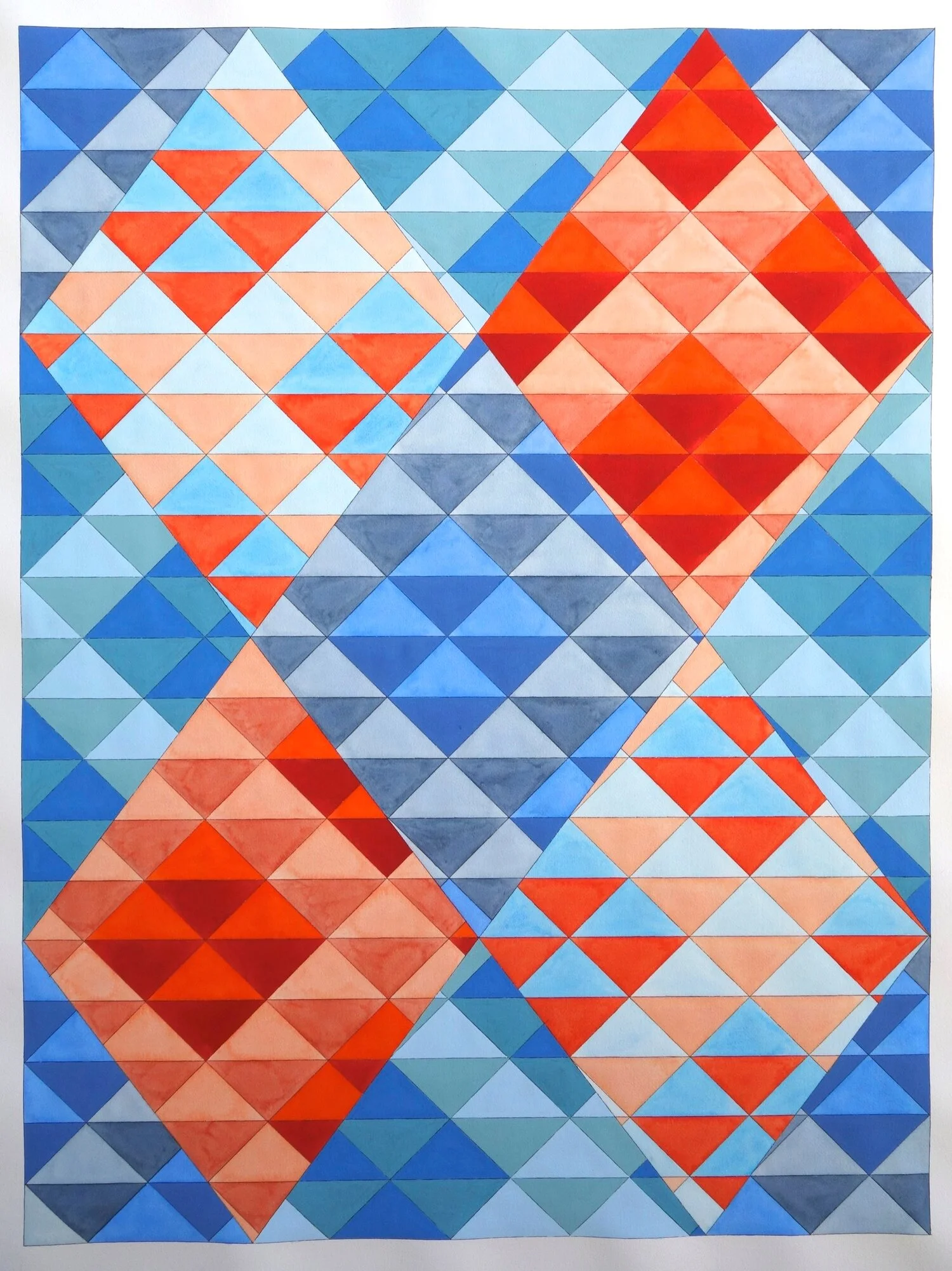 Ephemeral Triangles No. 23 in Blue and Red. 2018. Watercolor and Gouache on Paper. 48"x36" (Commissioned by Kinzelman Fine Art)