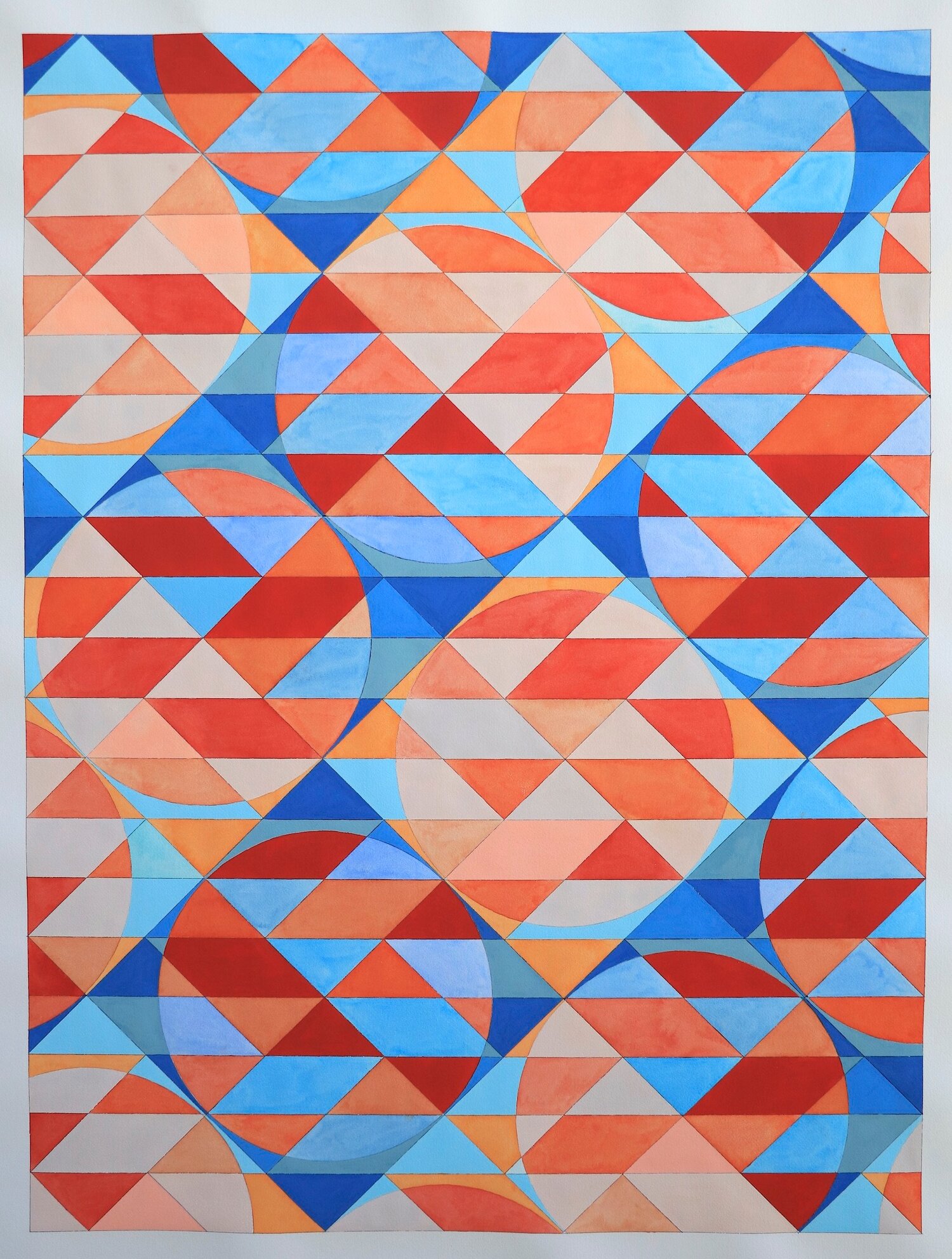 Ephemeral Triangles No. 15 in Blue and Red. 2018. Watercolor and Gouache on Paper. 48"x36" (Commissioned by Kinzelman Fine Art)