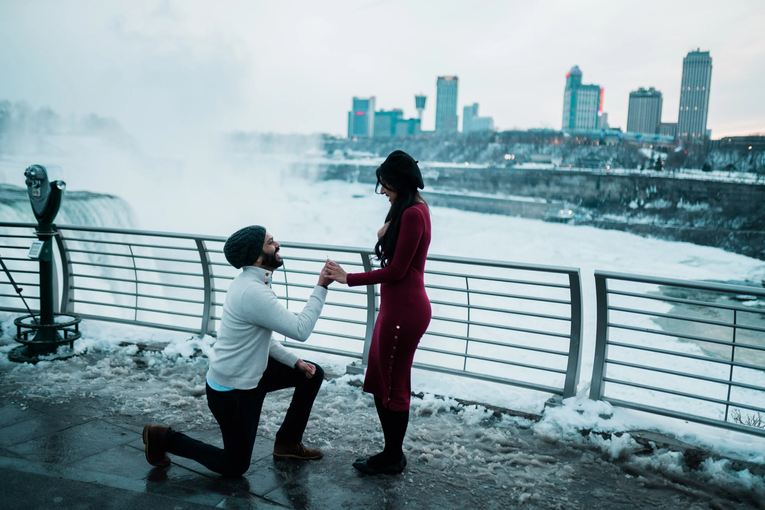 This is on the American side. The American falls are on the very left and the Canadian one is right behind it (mostly covered by the mist on this day). The city you see on the right is Niagara Falls, Ontario.