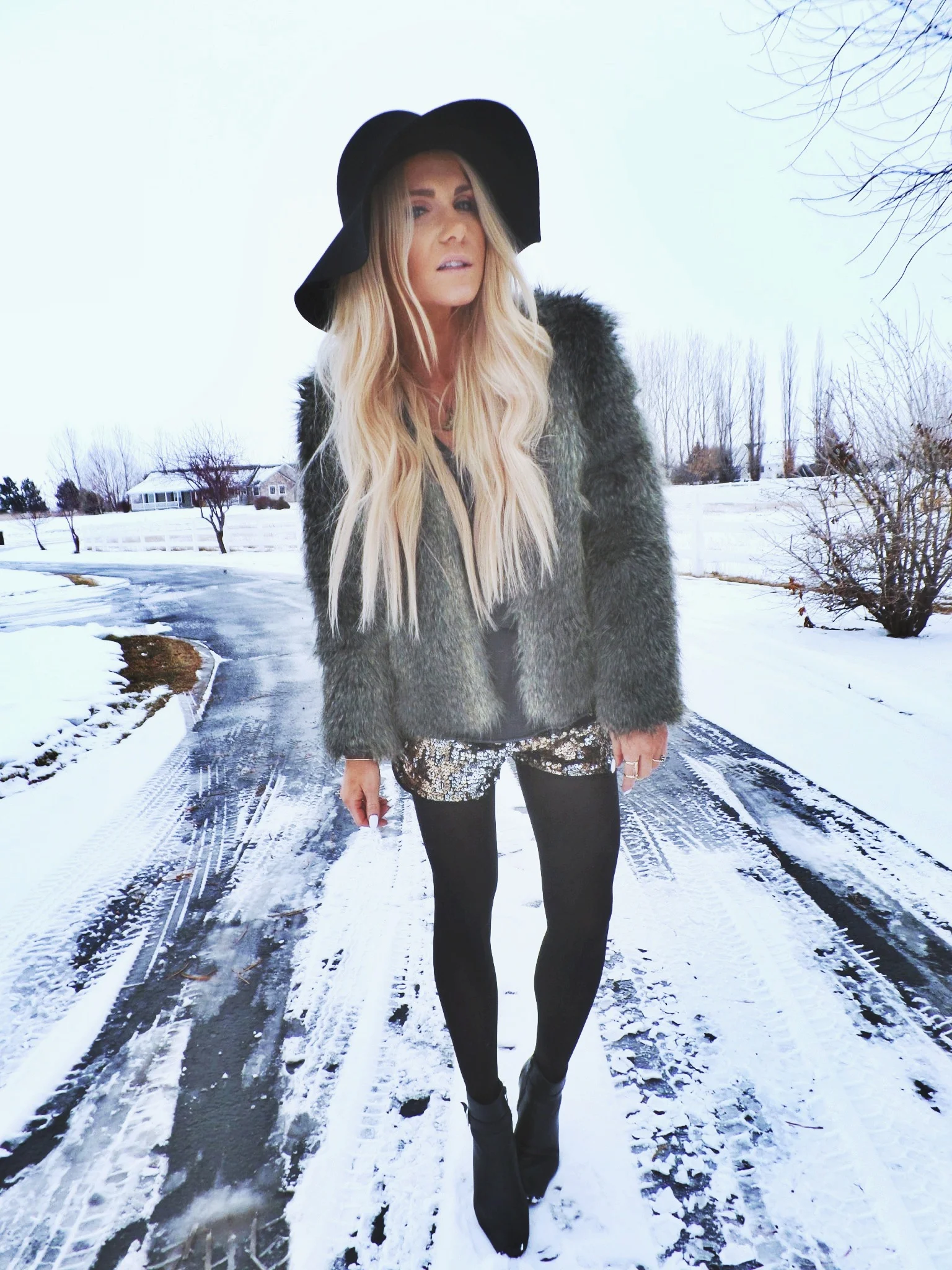 Shorts: Forever 21Faux Fur Coat: H&amp;MTights: H&amp;MTee: JMRBooties: VintageHat: Forever 21 