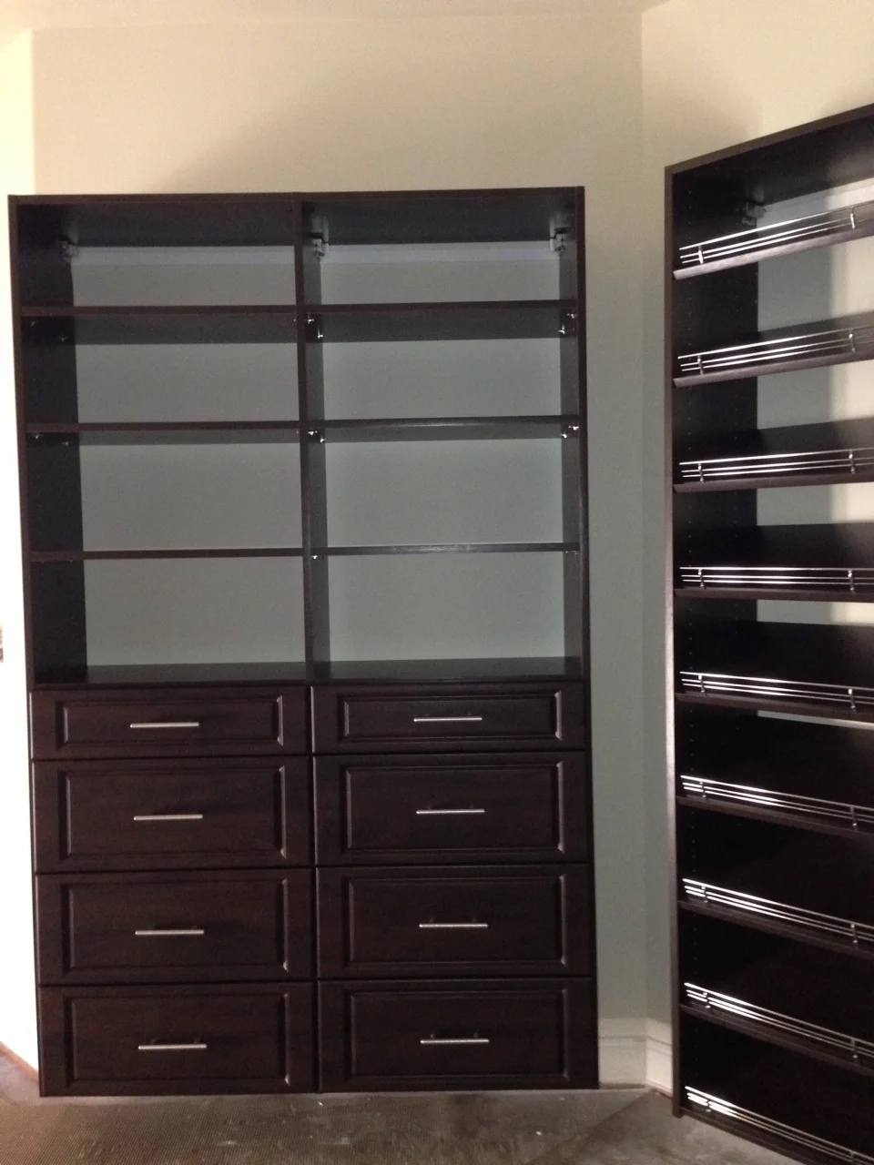 'Hang mount' shelving with drawers and shoe shelves in chocolate pear (color).