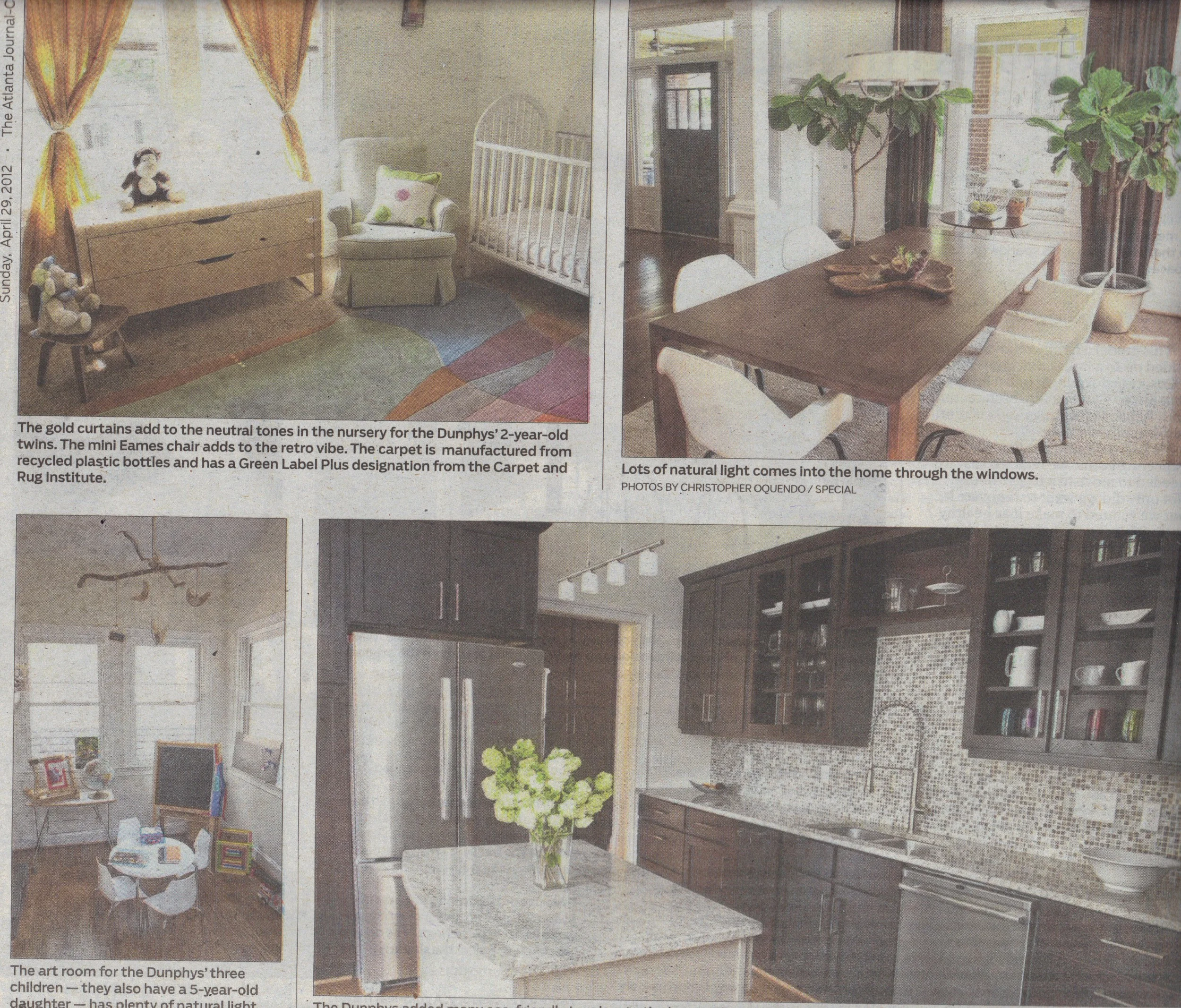 Collage of four home interior photos: nursery with crib and chair, dining room with large table and plant, children's art room, modern kitchen with dark cabinets and mosaic backsplash.