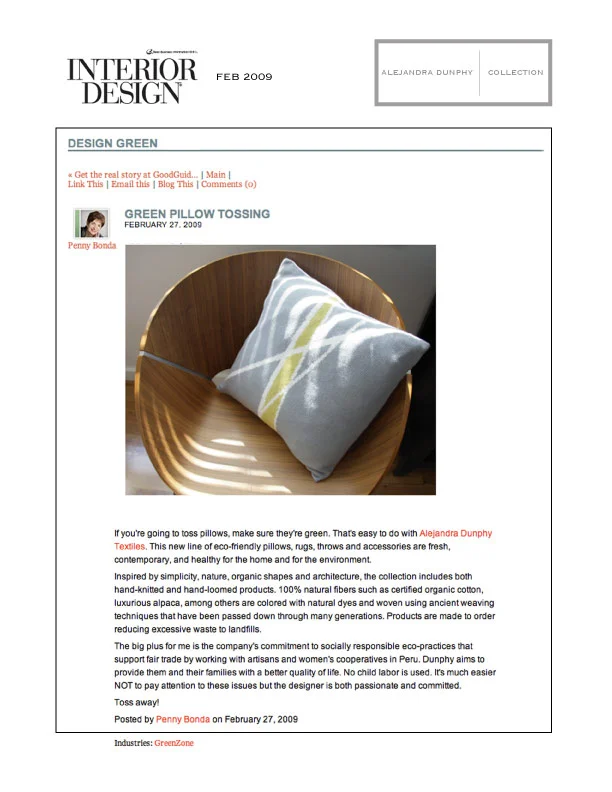 Magazine article about eco-friendly design featuring a chair with a green pillow