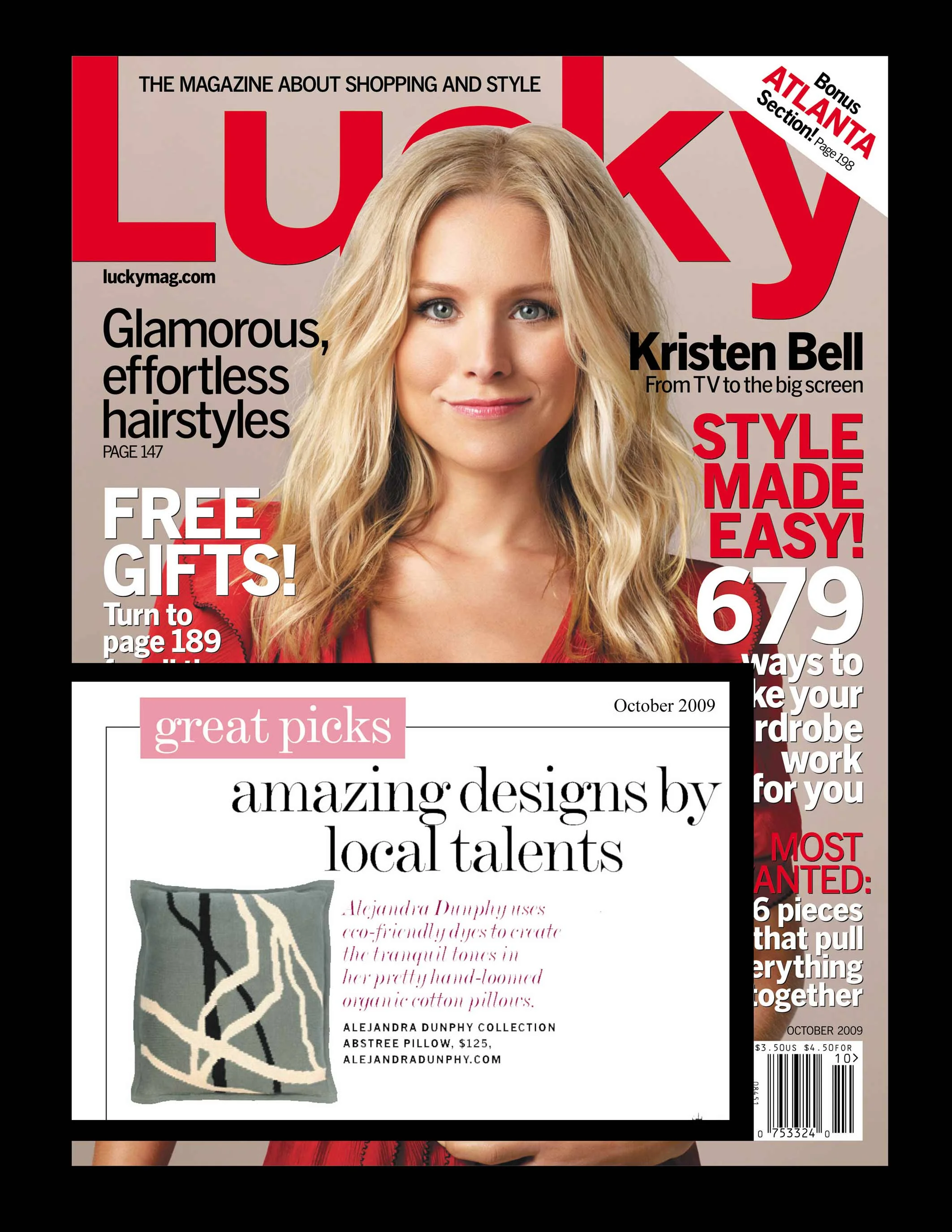 Magazine cover featuring a woman with blonde hair, wearing a red dress. Text includes themes of shopping, style, effortless hairstyles, free gifts, style tips, and local design features. Date on the cover is October 2009.