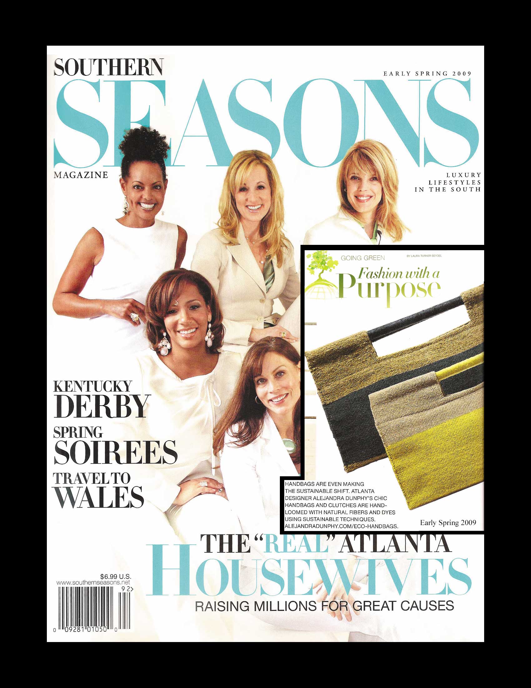 Cover of Southern Seasons magazine, early spring 2009 edition, featuring four women in white clothing, headline about "Real Atlanta Housewives" raising money for causes, content highlights on Kentucky Derby and travel to Wales.