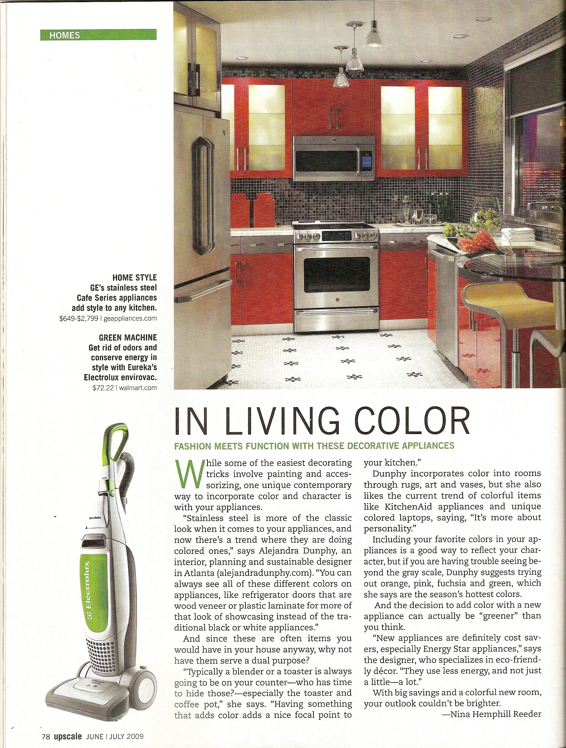 Magazine page featuring a modern kitchen with red cabinets, stainless steel appliances, and a vacuum cleaner. There's text about incorporating color in kitchen design and appliance choices.