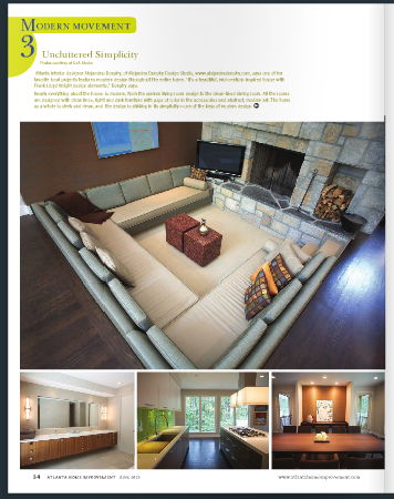 Interior design article featuring a modern living room with sectional sofas, stone fireplace, and coffee table. Additional images show bathroom vanity, open kitchen with a table, and another modern living room. Text at the top describes the design st