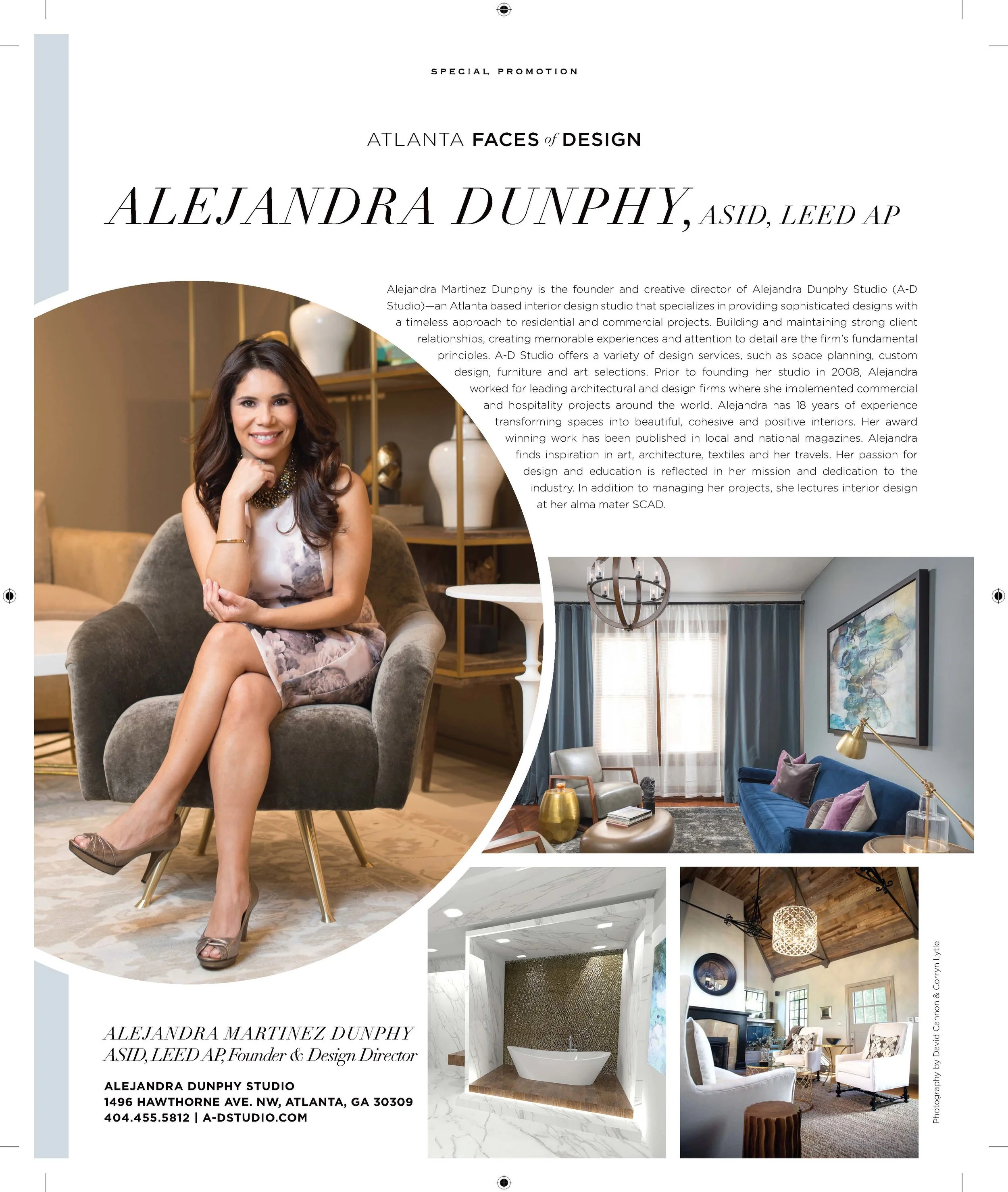 Promotional feature for Alejandra Dunphy, an Atlanta-based interior designer and founder of A-D Studio, showcasing her work and design philosophy. Includes a portrait of Dunphy seated in a chair and images of her interior design projects featuring mo