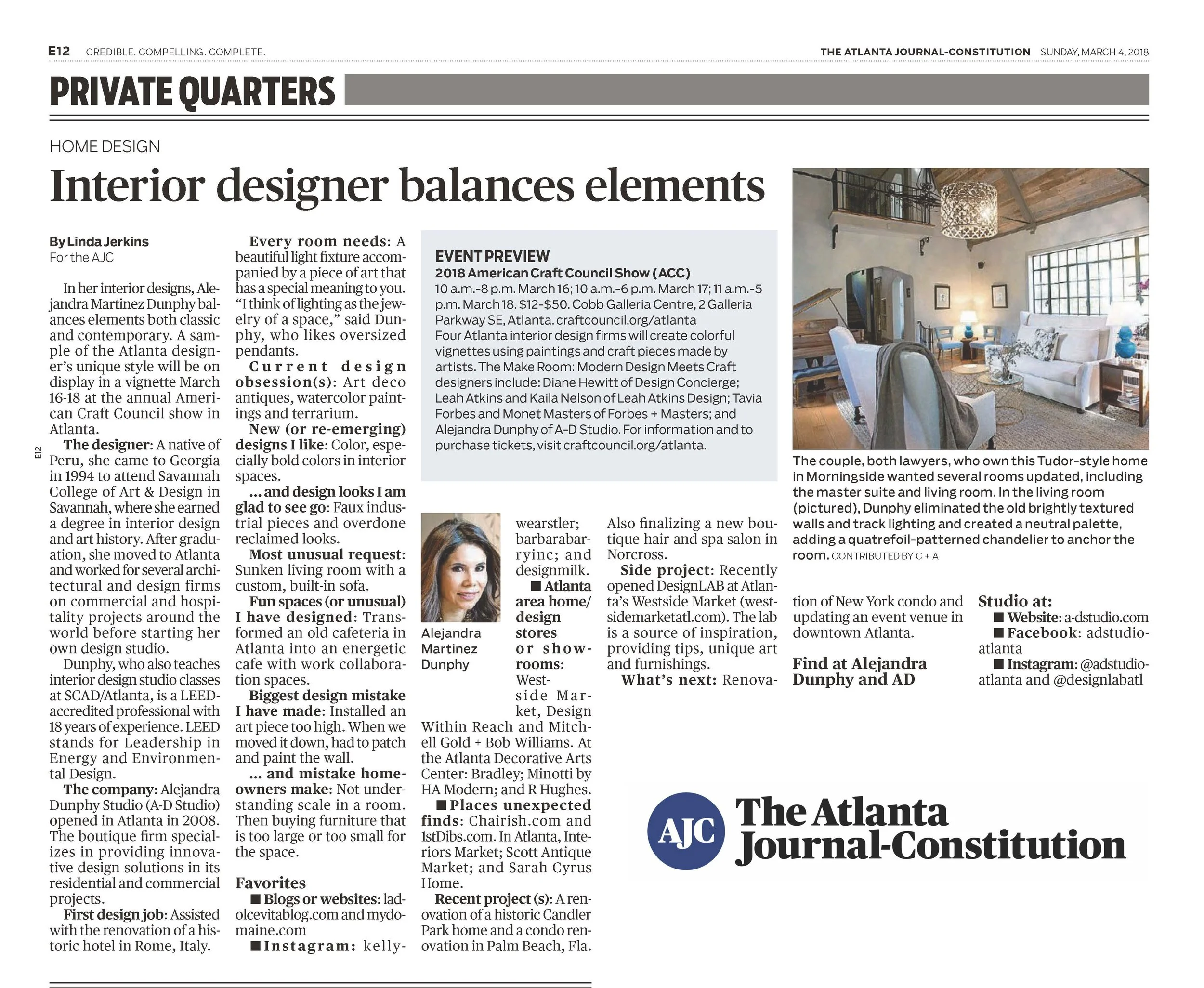 Newspaper article about interior designer Alejandra Dunphy and her work in home design. Includes a photo of a living room and designer with a client. Mentions events and past projects, studio contact details, and features like oversized pendants and 