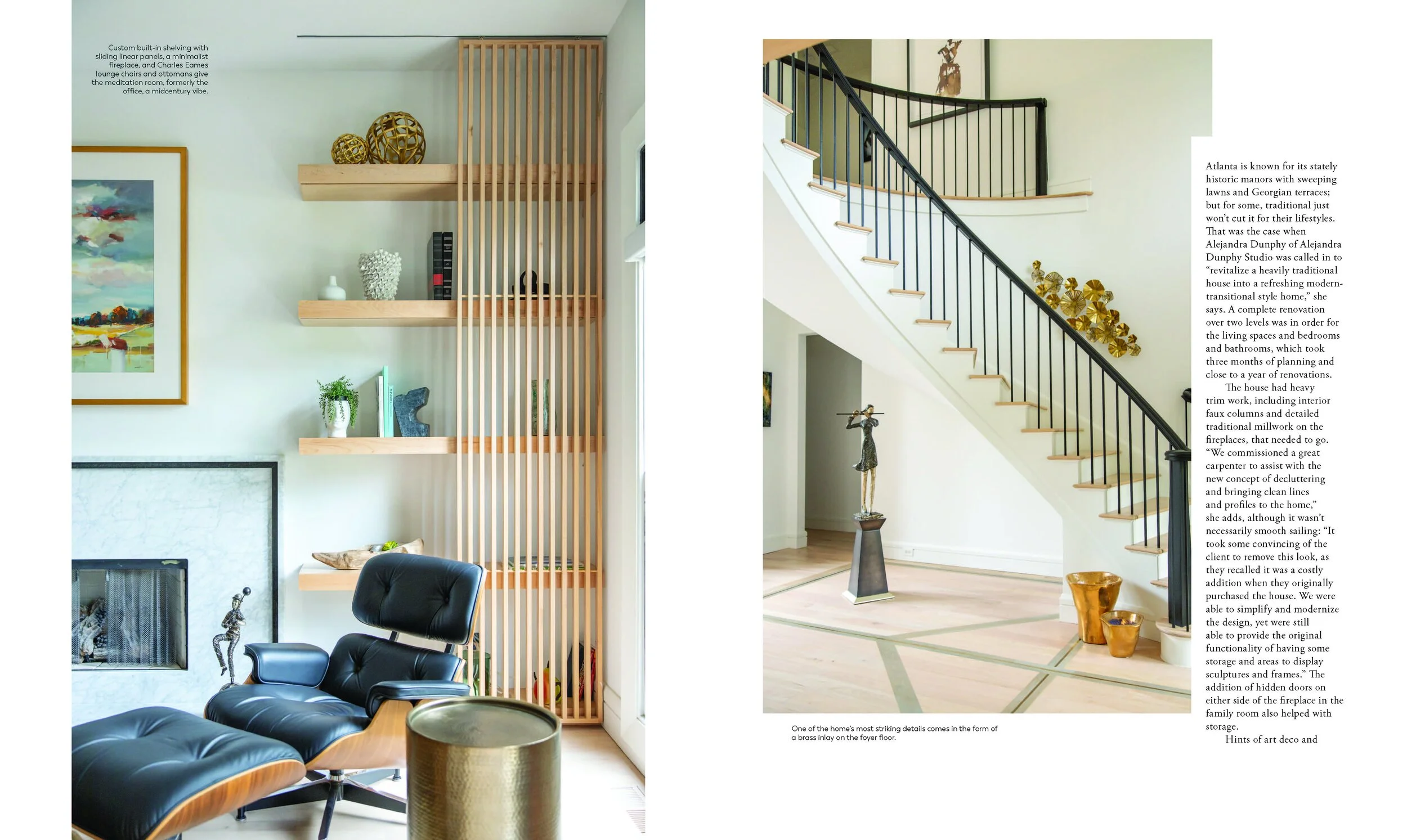 Modern living room interior with a black lounge chair, wooden shelves, and a framed painting on the left; a staircase with a black railing and a sculpture on the right.