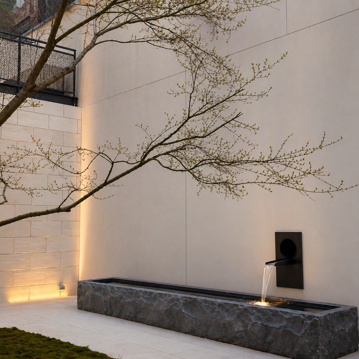Smooth stucco courtyard wall with modern water feature and stone basin, framed by a tree and soft architectural lighting.