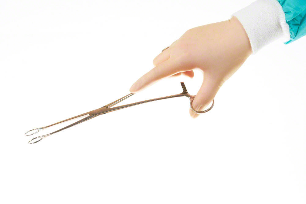 Surgical instrument  (Foerster (Ballenger) Sponge Forceps)  held by surgeons hand