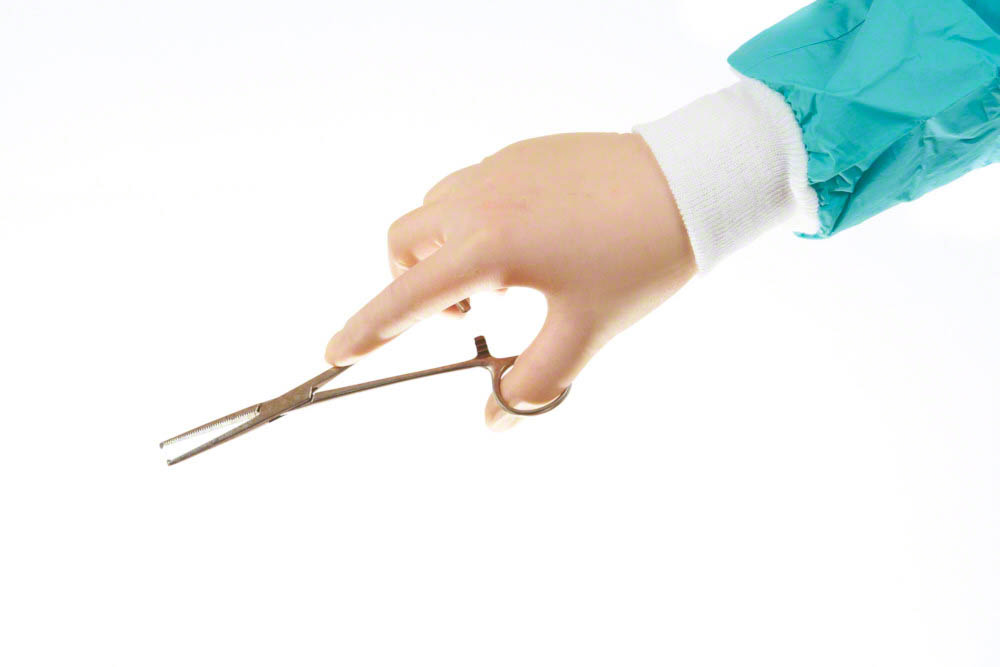 Surgical instrument (straight Kocher hemostat)  held by surgeons hand