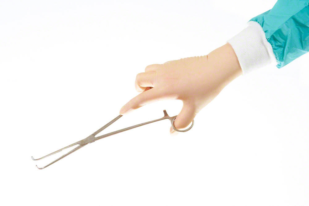 Surgical instrument  (gall duct forceps) held by surgeons hand