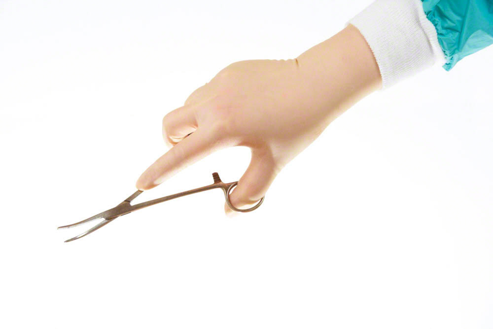 Surgical instrument  (curved pean, haemostatic forceps) held by surgeons hand