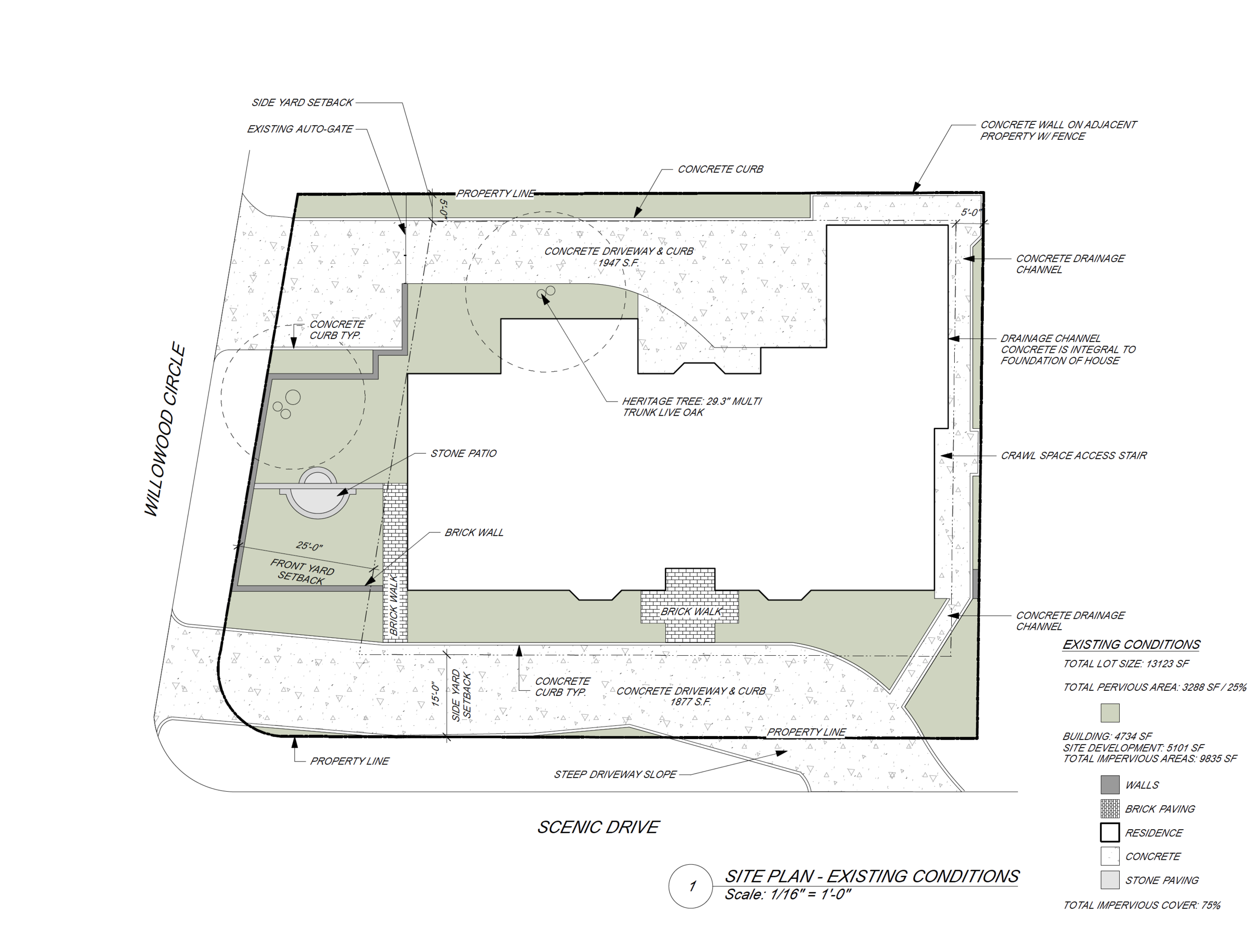 A site plan showing the existing site conditions. 