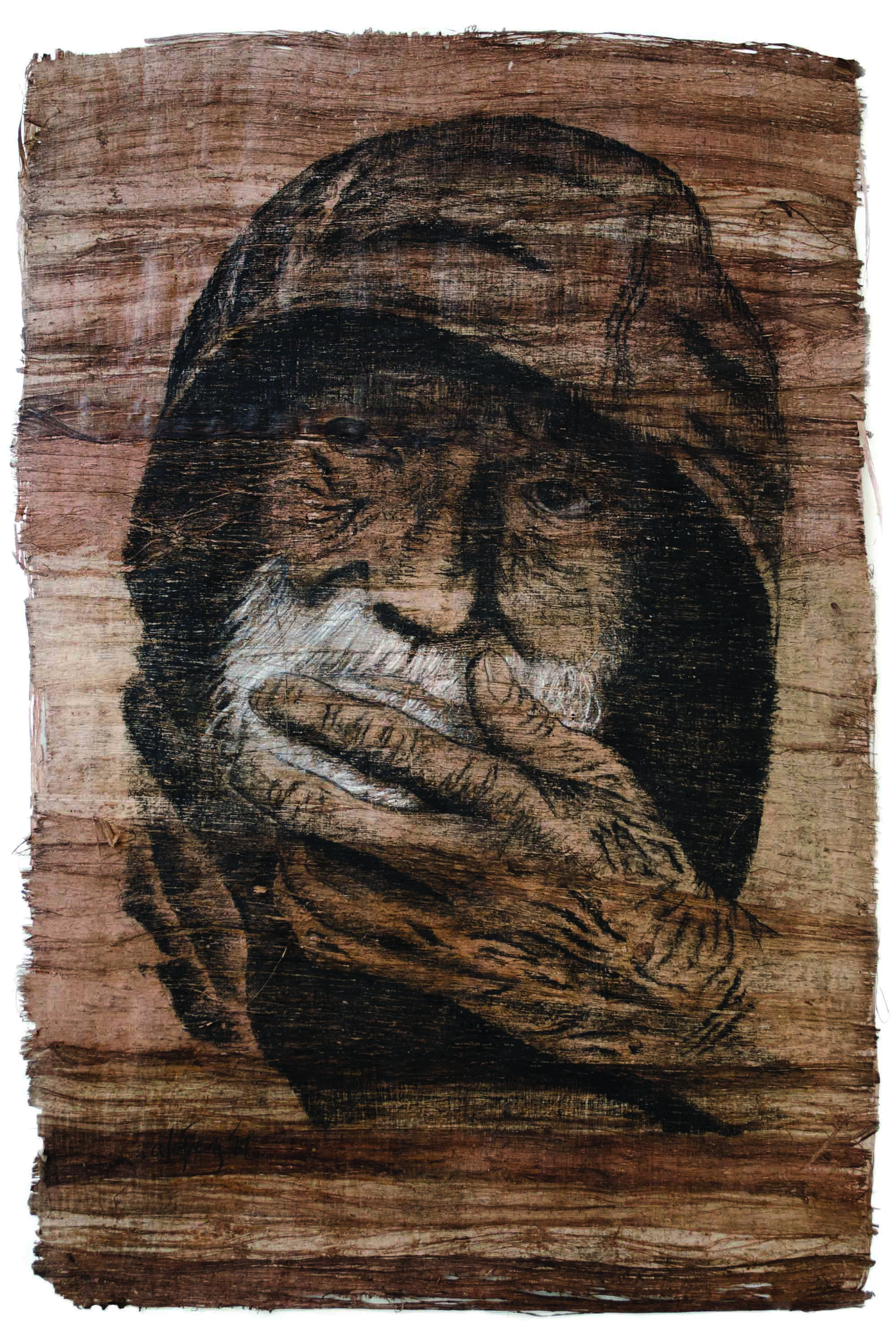 Woodless Man // ~16x20in // Charcoal over bark wood.