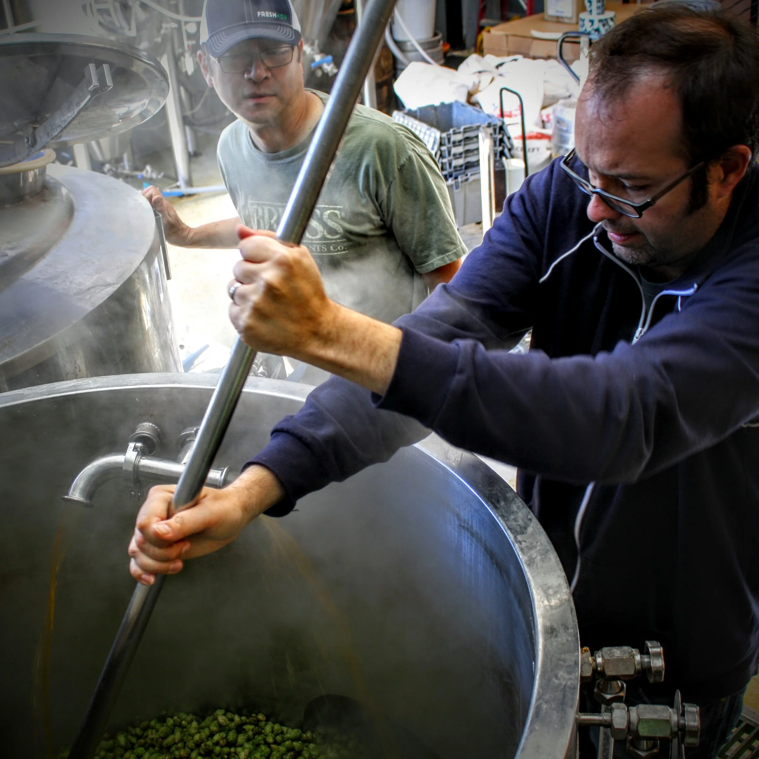 Adam and Dean brewing on our original 5bbl system