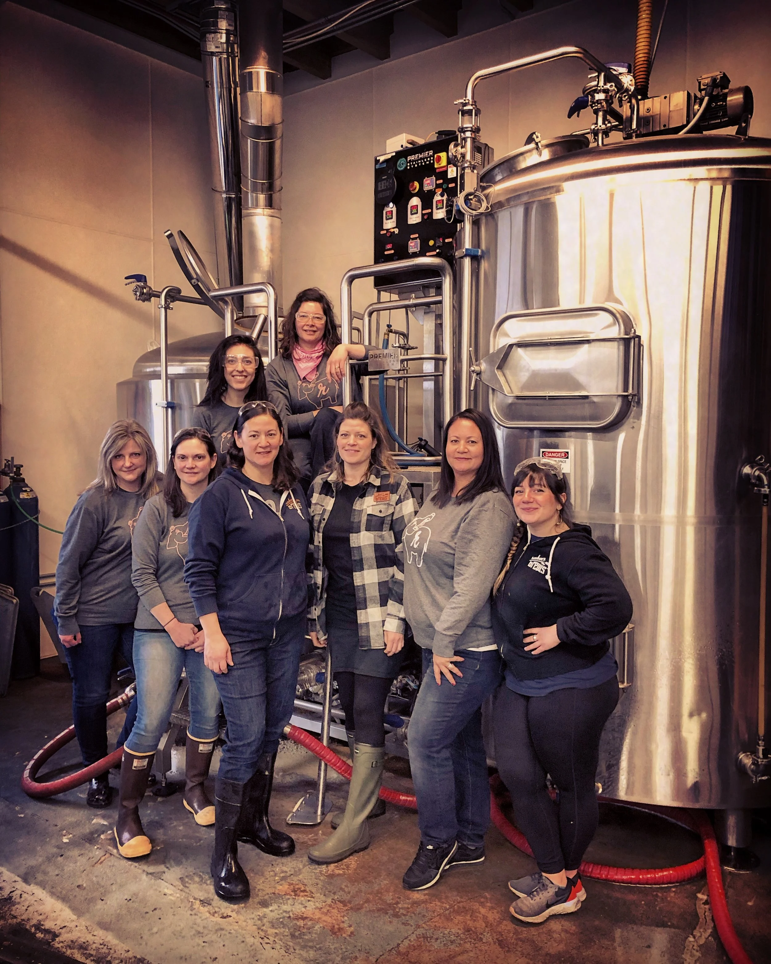 Our Pink Boots Society brew day in March 2019, in front of our 15bbl brewhouse at The Taproom
