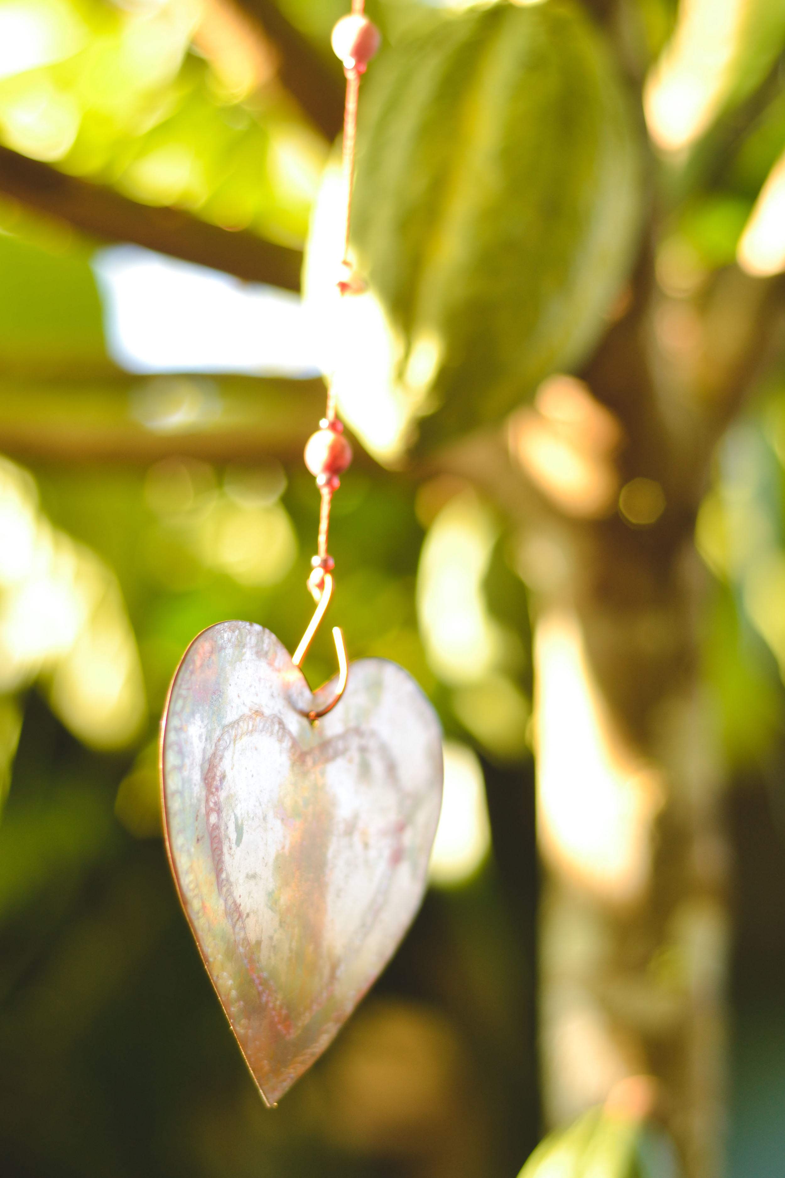  A metal heart hangs in front of a cacao pod 