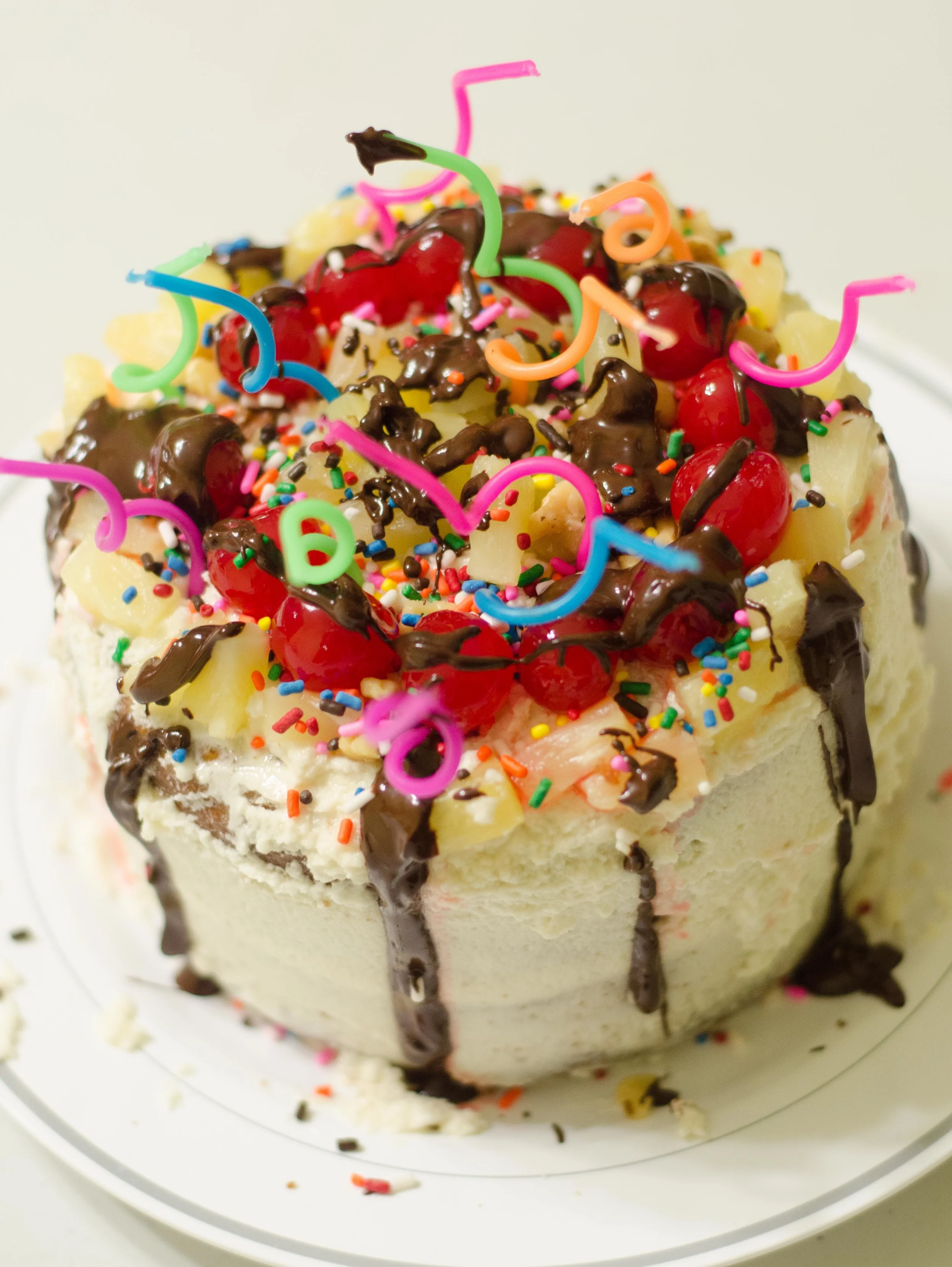 (Vegan) Banana split cake. Kinda crazy looking, very yummy tasting.
